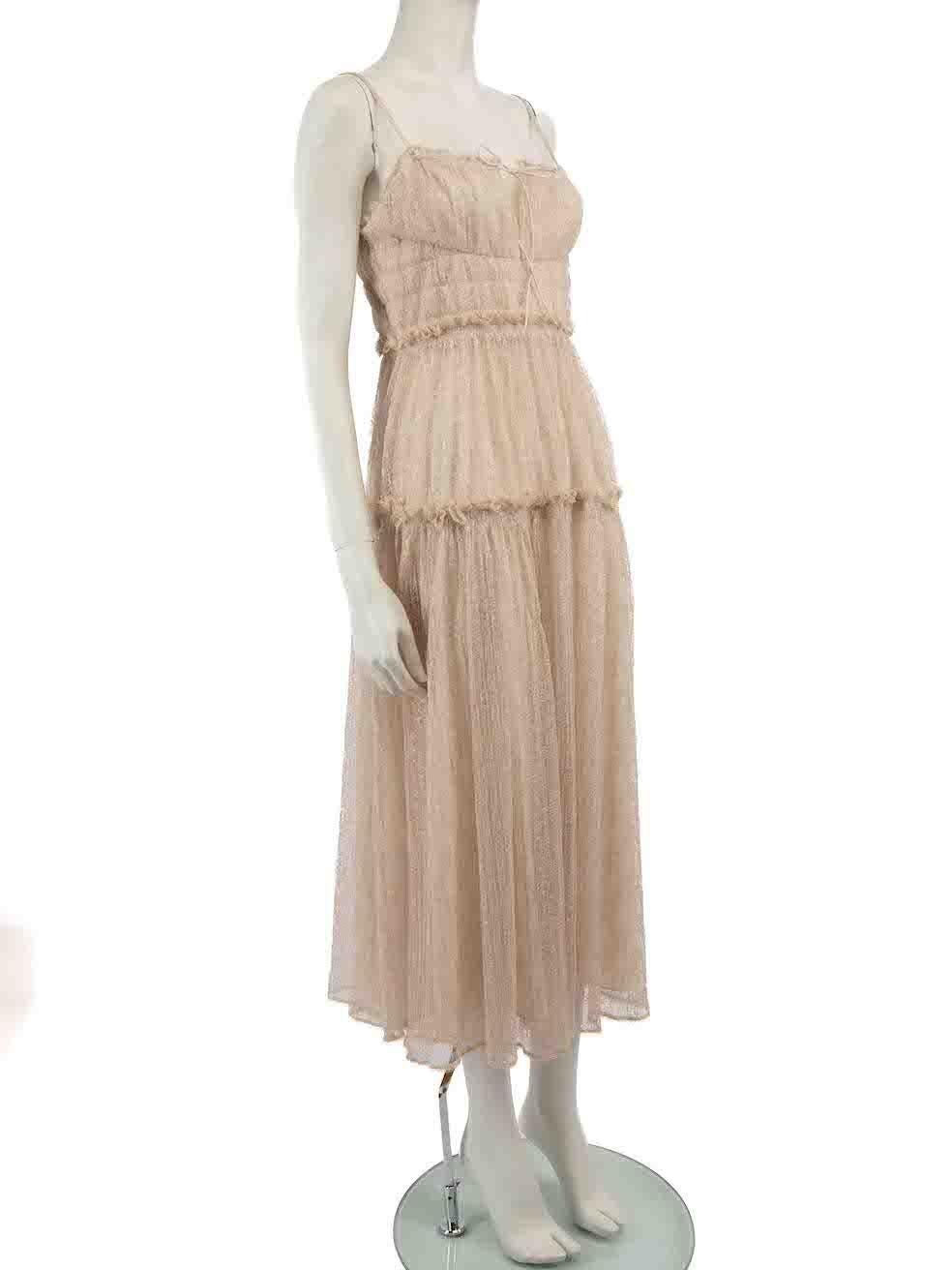 CONDITION is Very good. Hardly any visible wear to dress is evident on this used Jonathan Simkhai designer resale item.
 
 
 
 Details
 
 
 Beige
 
 Polyester lace
 
 Dress
 
 Sleeveless
 
 Front tie detail
 
 Midi
 
 Back zip and hook fastening
 

