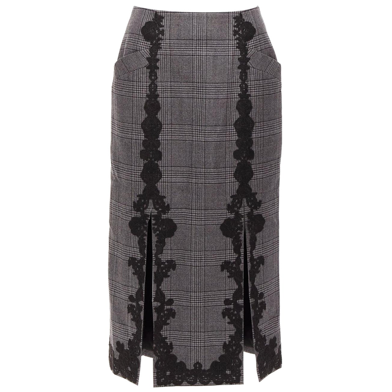 JONATHAN SIMKHAI grey wool houndstooth lace applique dual slit pencil skirt US4 For Sale