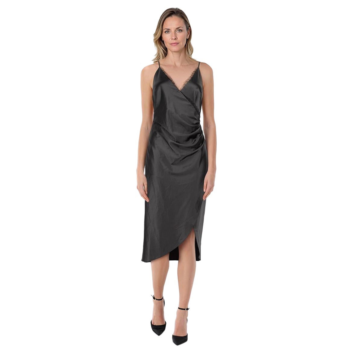 Jonathan Simkhai Nacht Schwarz Satin V-Ausschnitt Slip Kleid Größe M im Angebot