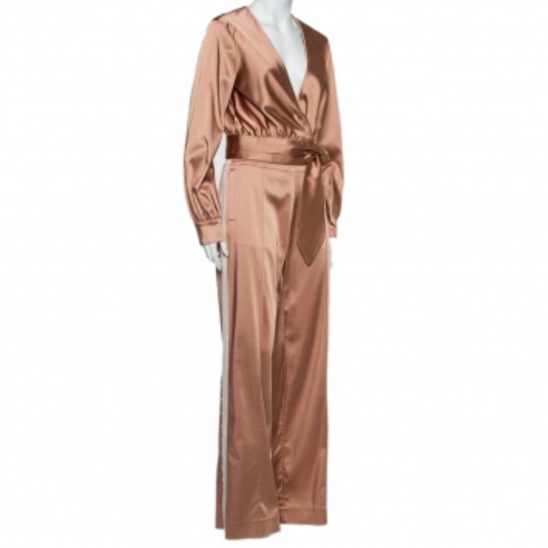 Jonathan Simkhai Pink Crepe Satin Wrap Crop Top & Wide Leg Track Pants Set M For Sale 5