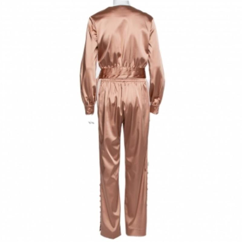 Jonathan Simkhai Pink Crepe Satin Wrap Crop Top & Wide Leg Track Pants Set M In Excellent Condition For Sale In Dubai, Al Qouz 2