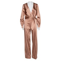 Jonathan Simkhai Pink Crepe Satin Wrap Crop Top & Wide Leg Track Pants Set M