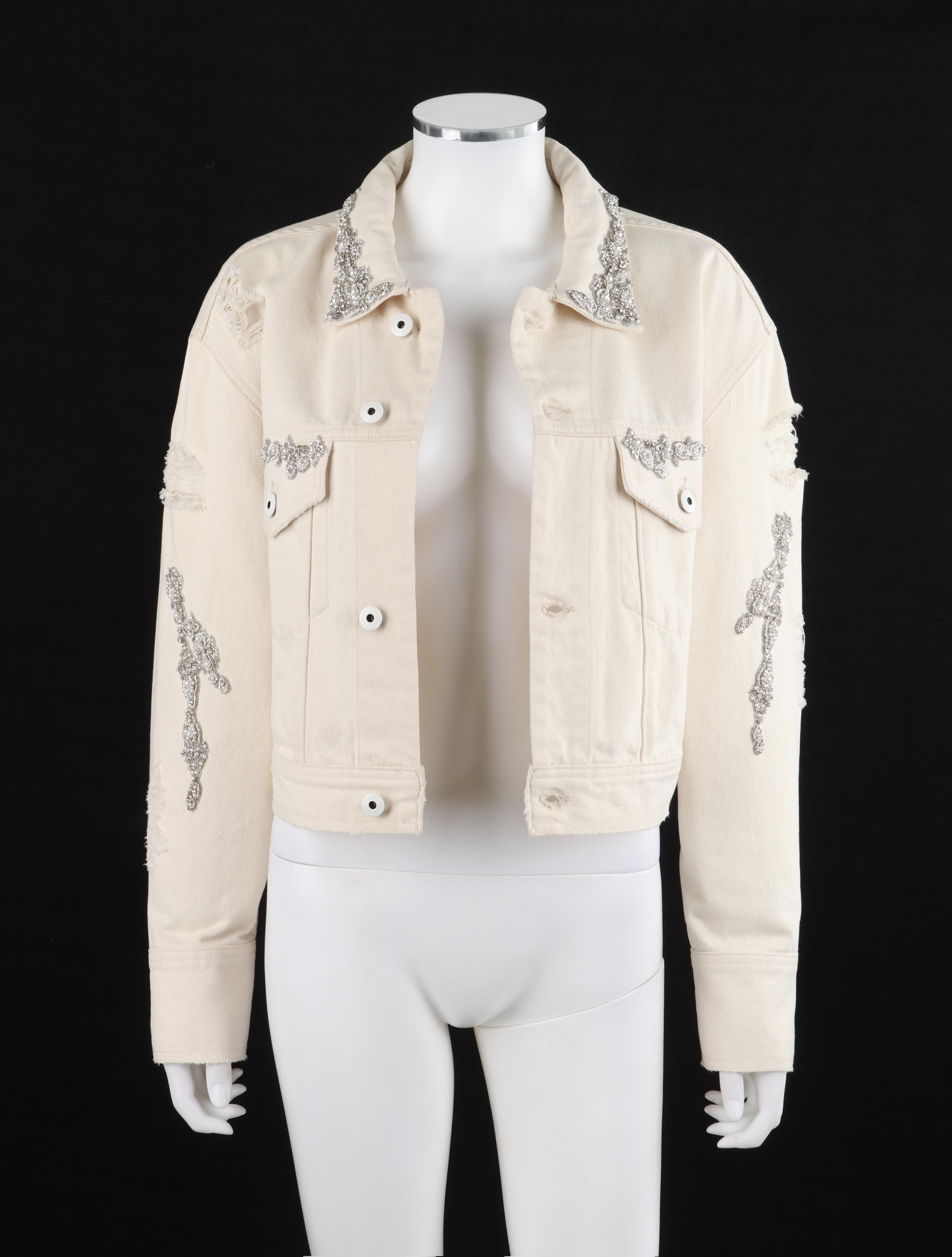 JONATHAN SIMKHAI Spring 2018 Cream Distressed Crystal Beaded Cropped Jacket NWT For Sale 1