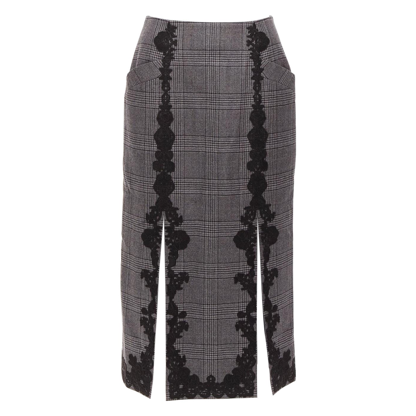 JONATHAN SIMKHAI wool houndstooth lace applique dual slit pencil skirt US4 S