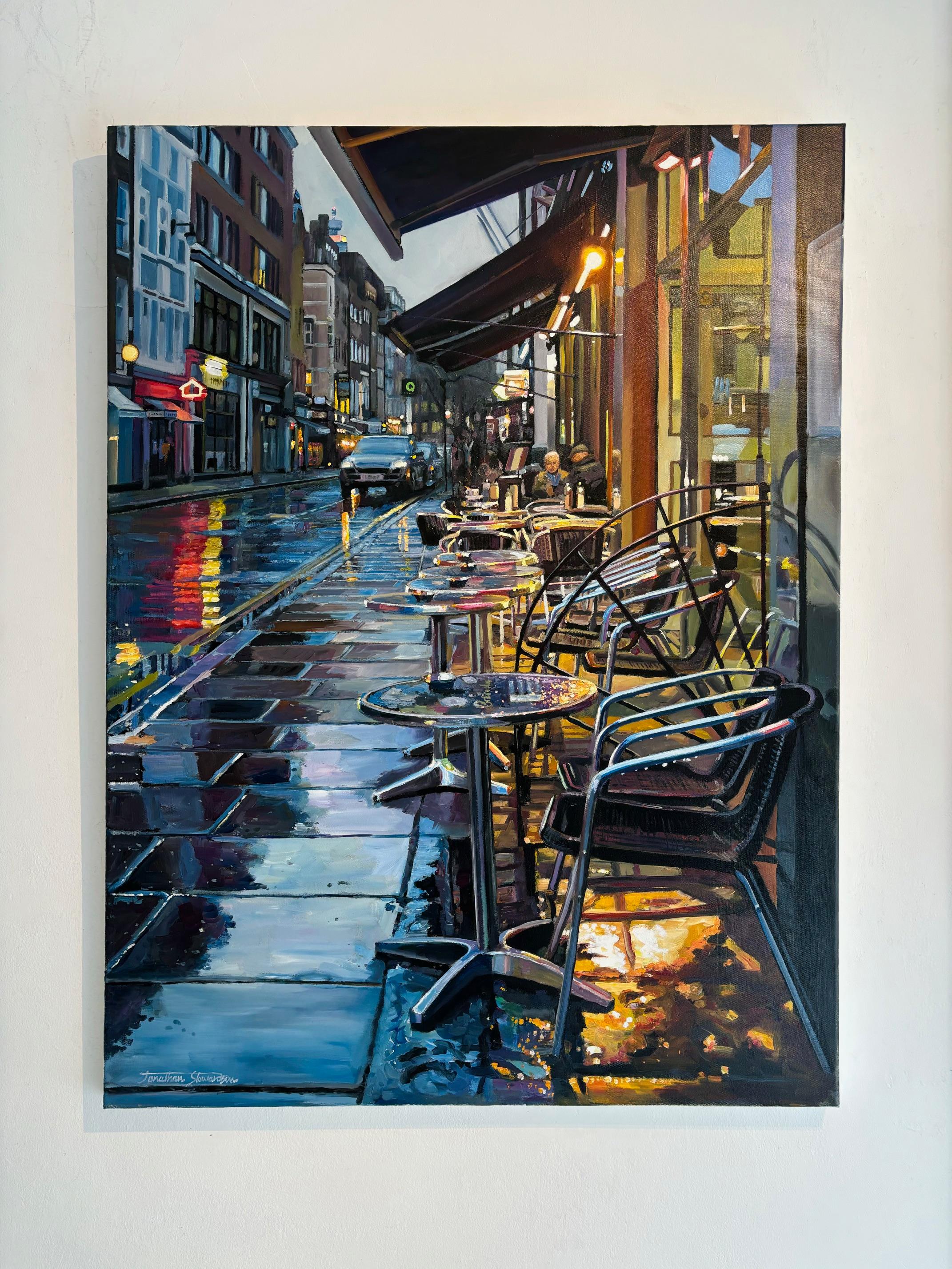 Bar Italia, Frith Street-Originales realistisches Londoner Ölgemälde-zeitgenössische Kunst – Painting von Jonathan Stewerdson