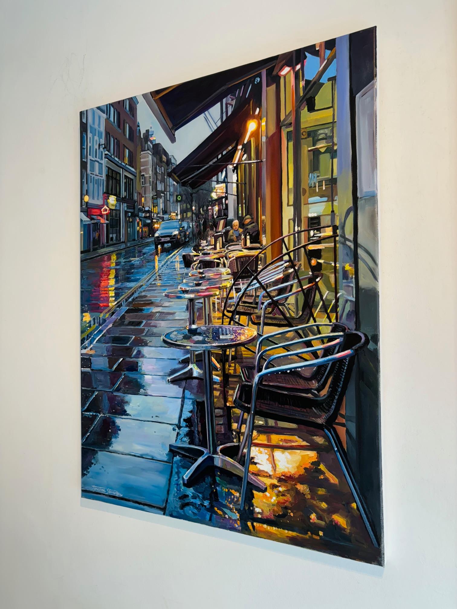 Bar Italia, Frith Street-Originales realistisches Londoner Ölgemälde-zeitgenössische Kunst (Impressionismus), Painting, von Jonathan Stewerdson
