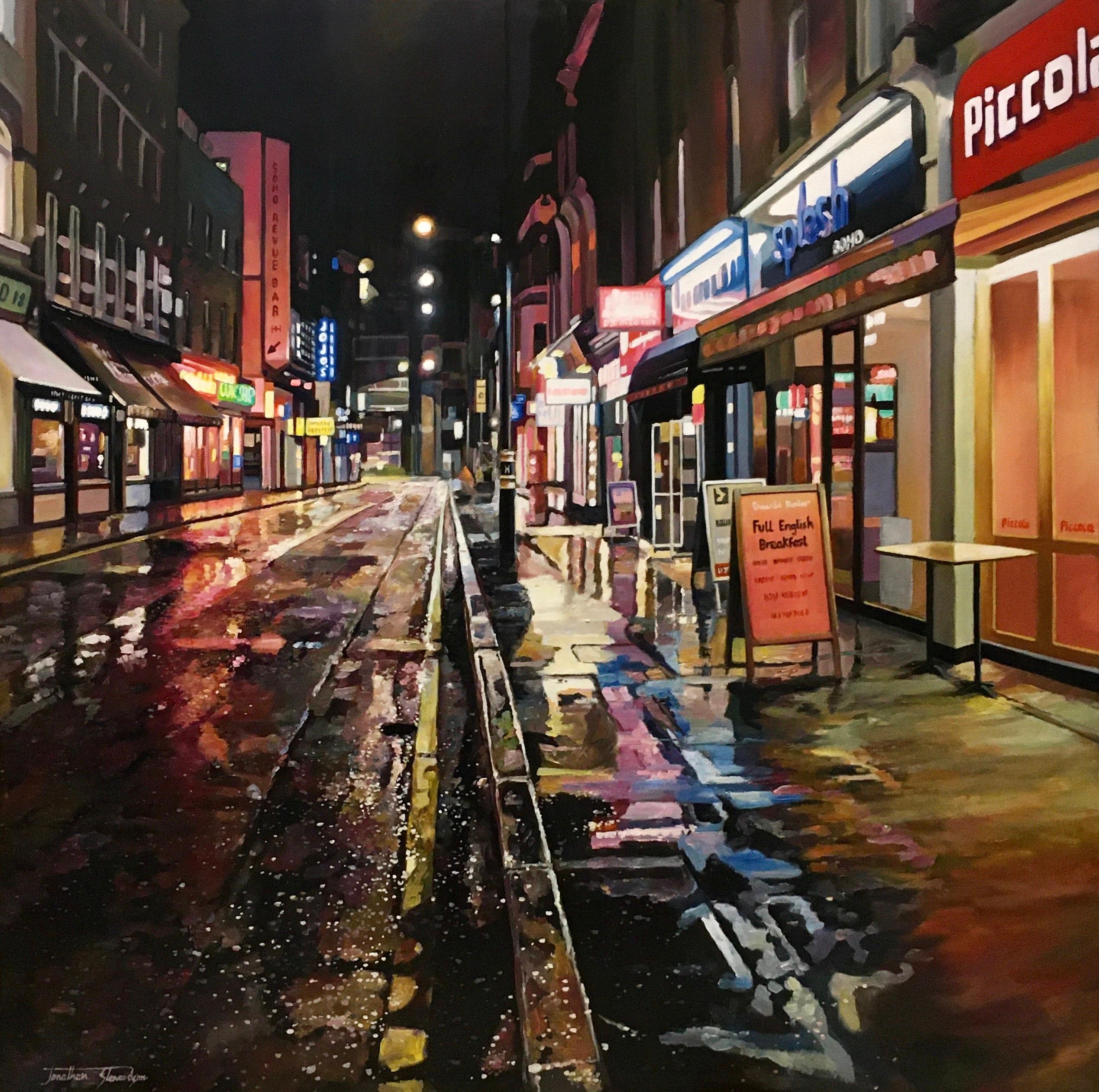Brewer Street, SoHO - Peinture à l'huile réaliste originale d'un paysage urbain - Art contemporain