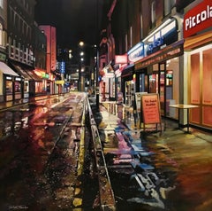 Brewer Street, SoHO - Peinture à l'huile réaliste originale d'un paysage urbain - Art contemporain