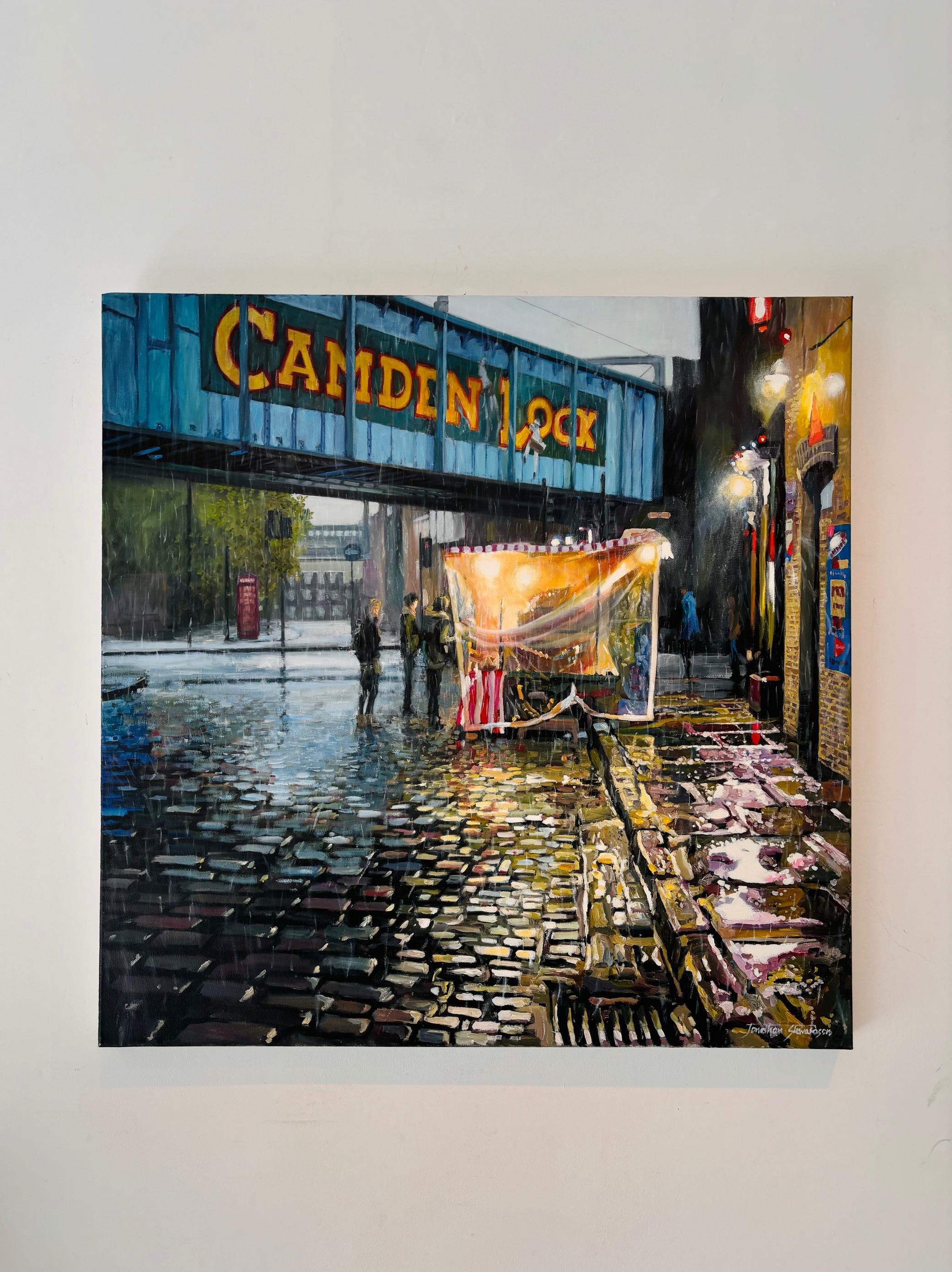 Camden Market, Morning- Original realism cityscape oil painting-contemporary Art - Painting de Jonathan Stewerdson