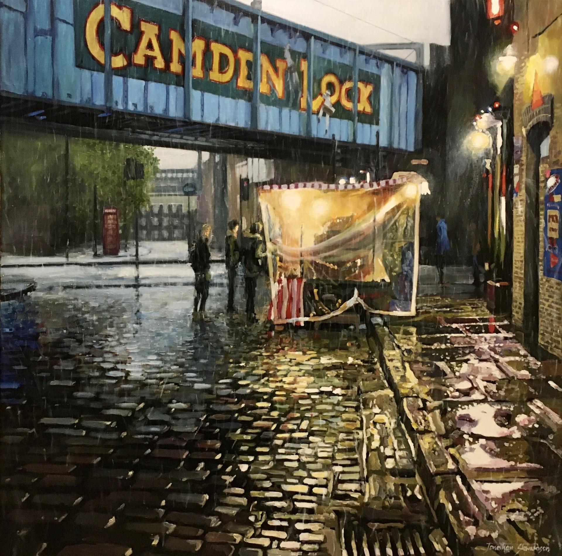 Jonathan Stewerdson Landscape Painting - Camden Market, Morning- Original realism cityscape oil painting-contemporary Art