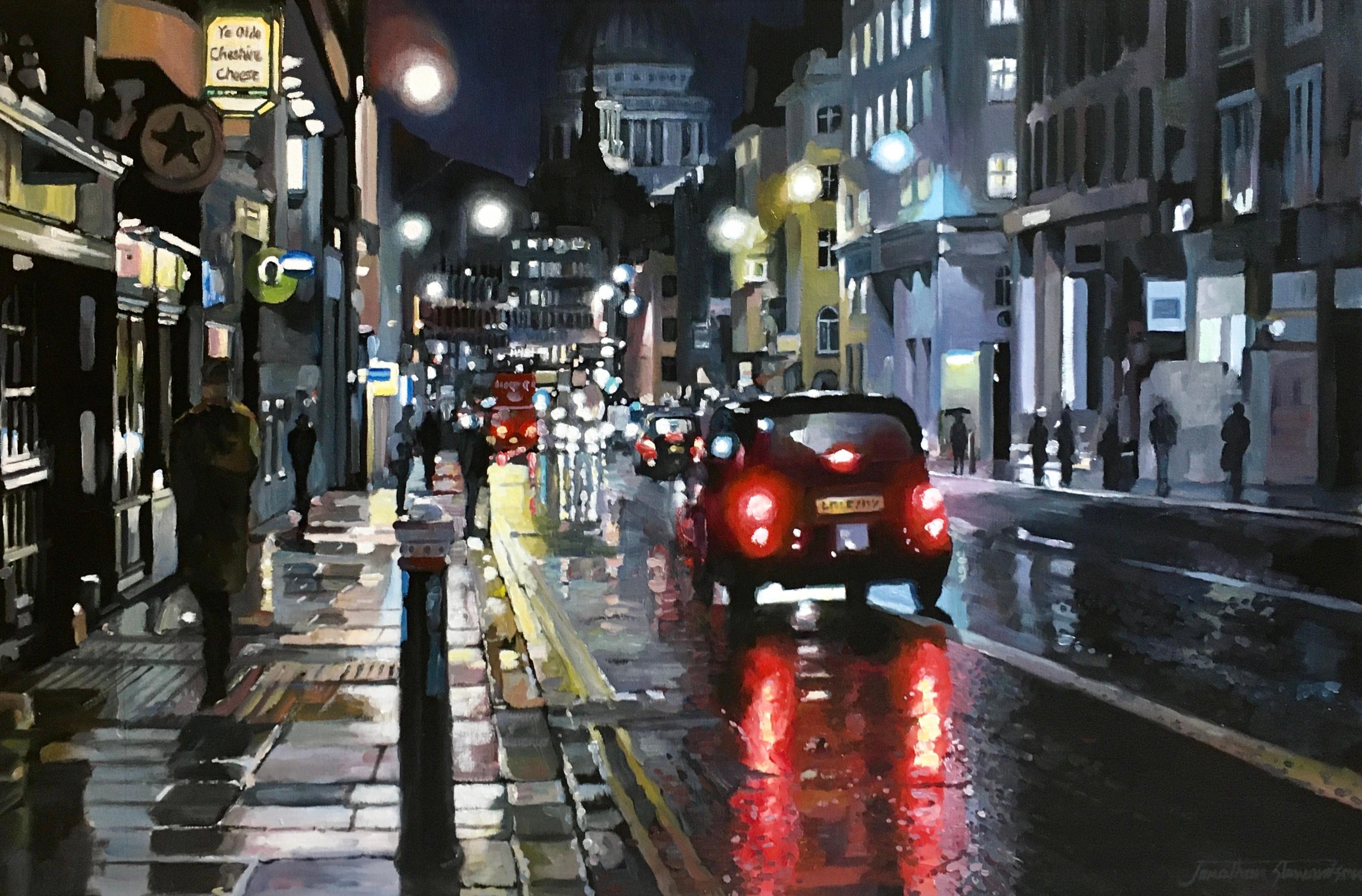 Fleet St (Night, Rain)-Original impressionist cityscape painting- modern art