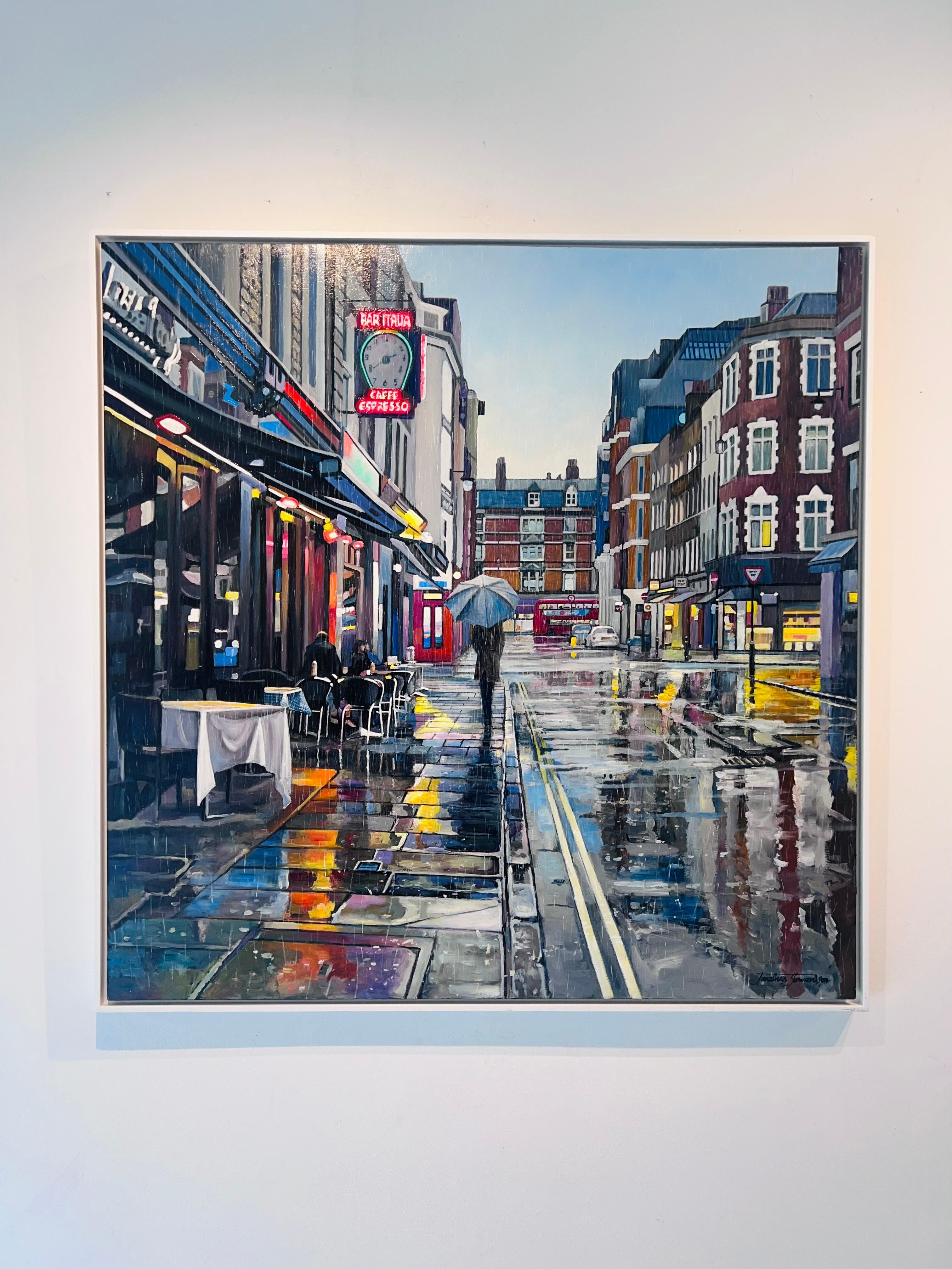 Frith Street, Rain-Originalgemälde einer zeitgenössischen impressionistischen Stadtlandschaft - Kunst.  (Impressionismus), Art, von Jonathan Stewerdson