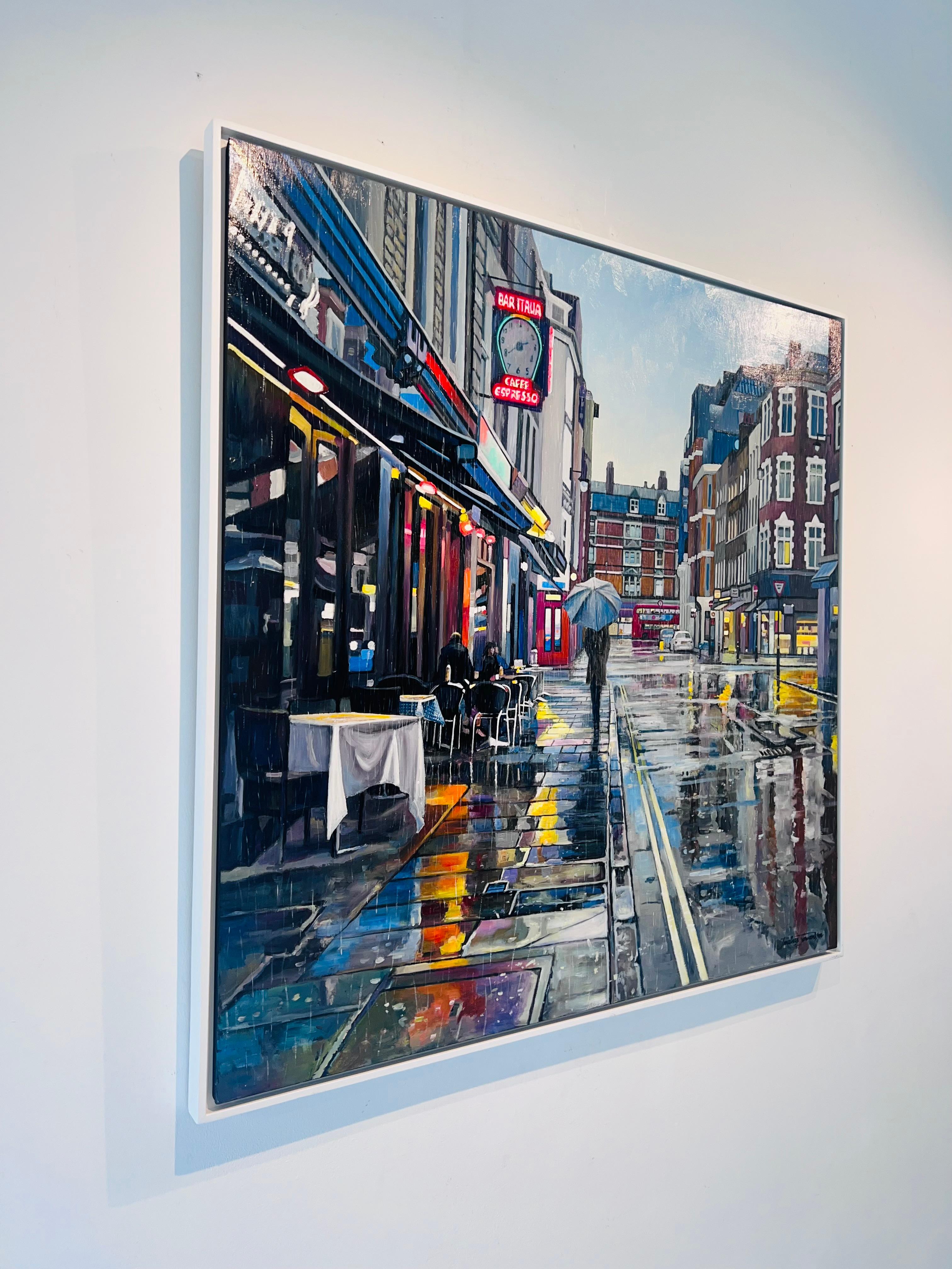 Frith Street, Rain-Original contemporary impressionist cityscape painting- art.  - Impressionist Art by Jonathan Stewerdson