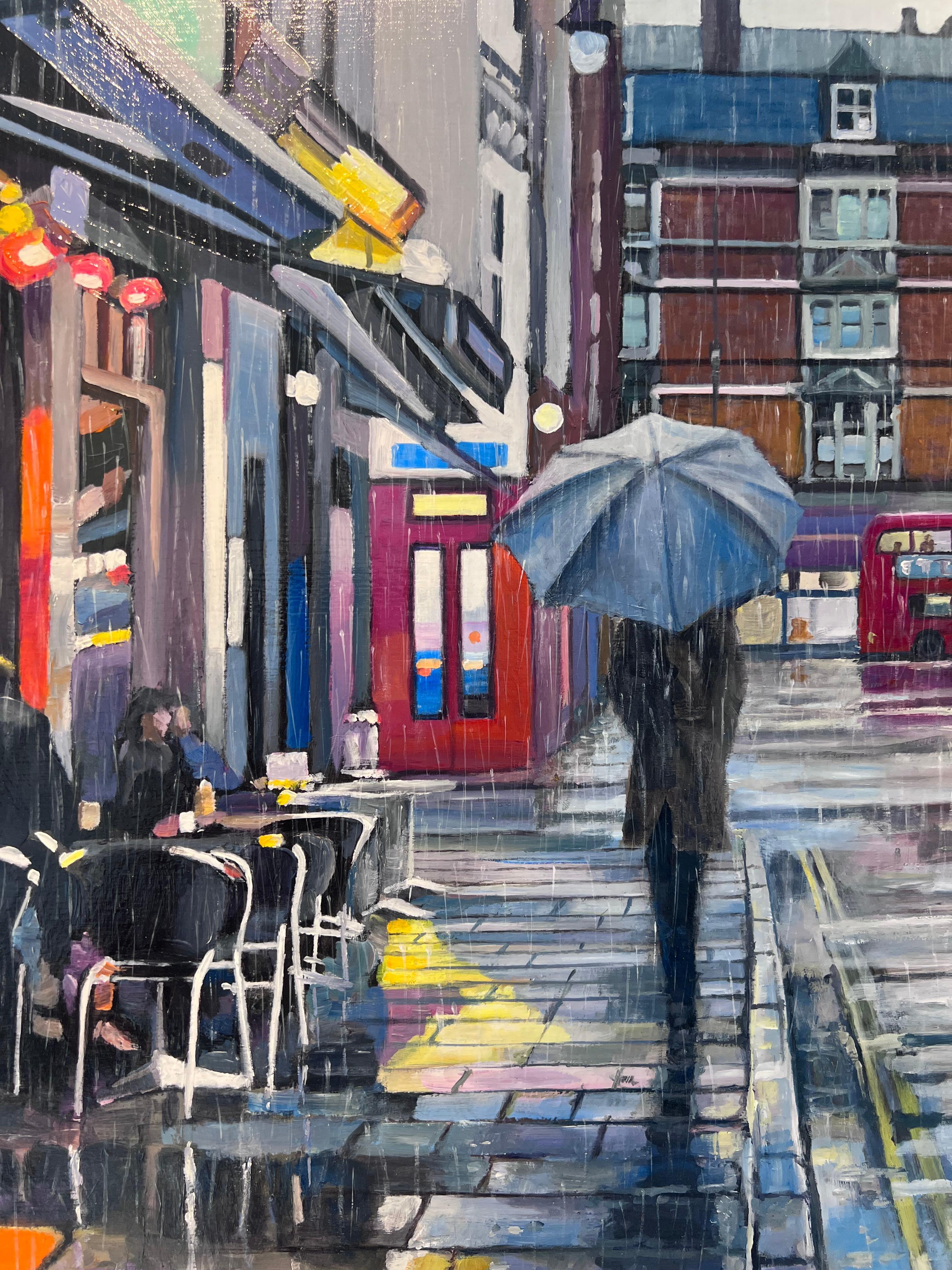 Frith Street, Rain-Originalgemälde einer zeitgenössischen impressionistischen Stadtlandschaft - Kunst.  im Angebot 1