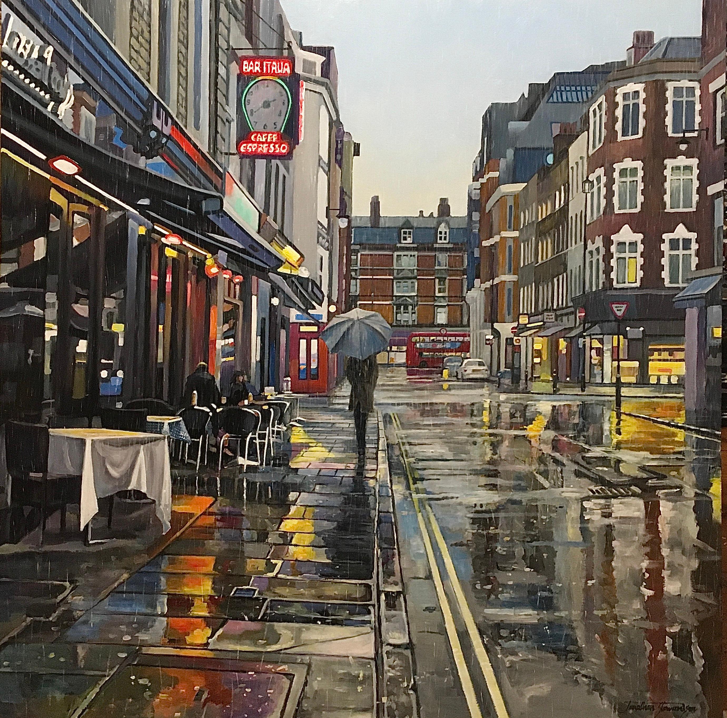 Frith Street, Rain-Originalgemälde einer zeitgenössischen impressionistischen Stadtlandschaft - Kunst.  – Art von Jonathan Stewerdson