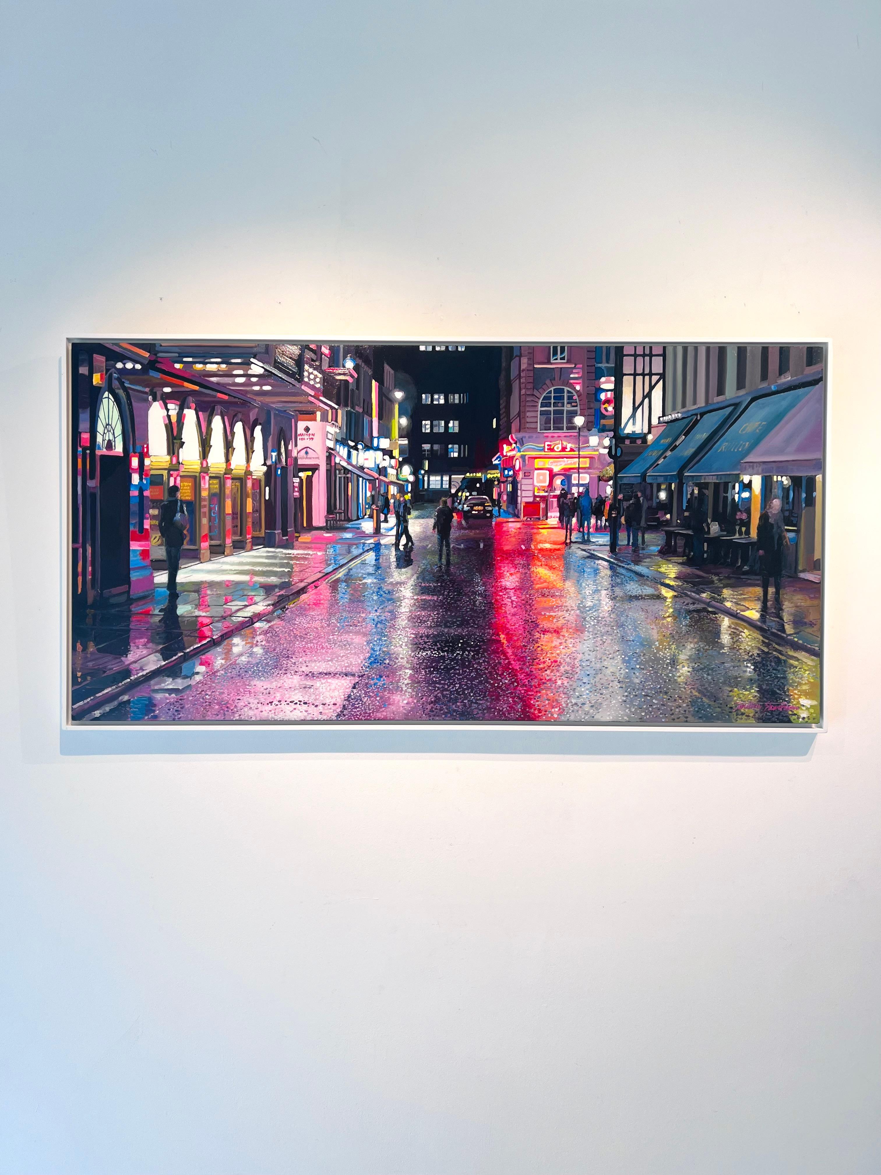 Old Compton St (noche)-Original realismo Londres pintura al óleo-Arte contemporáneo en venta 1