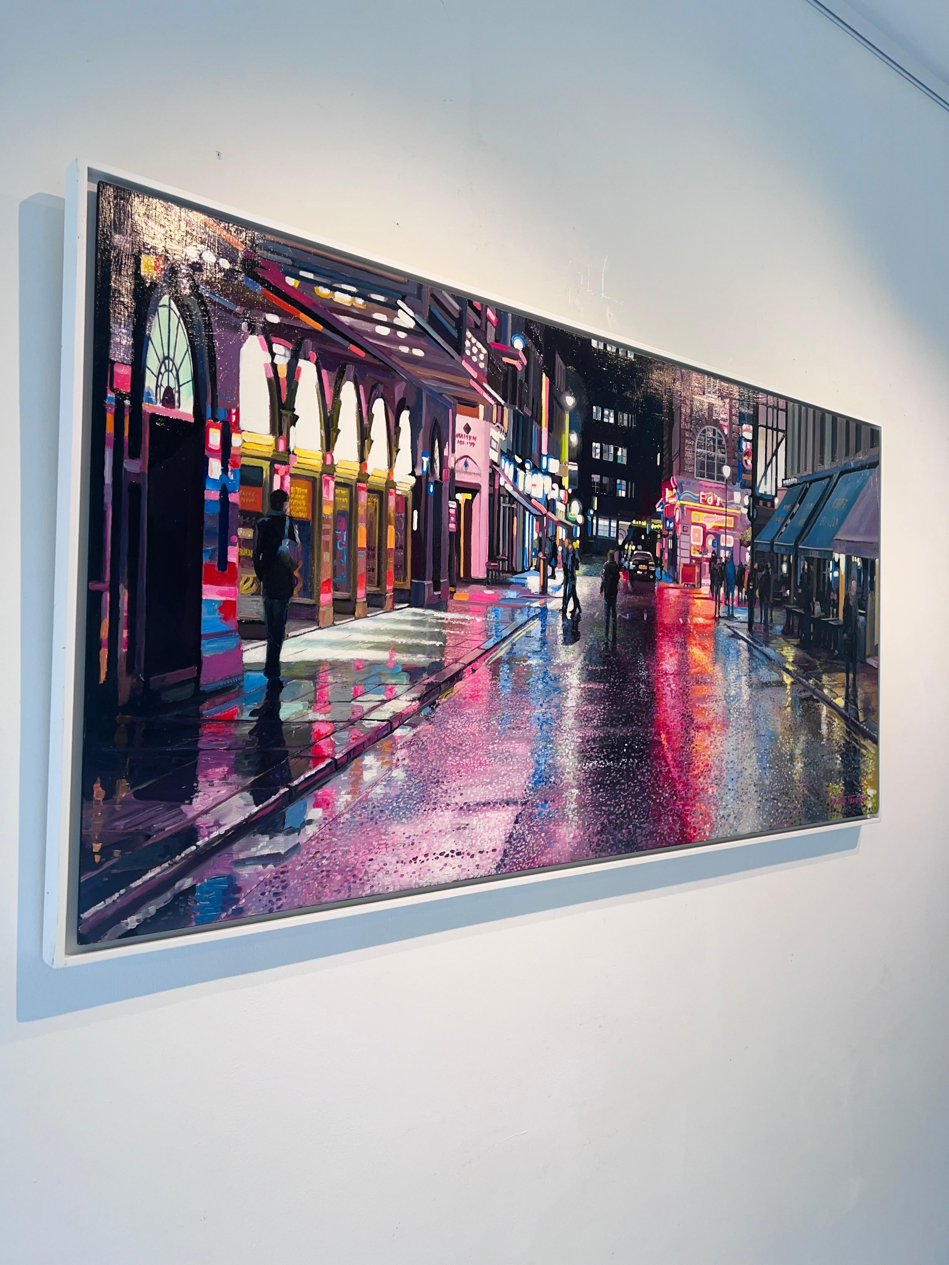 Old Compton St (noche)-Original realismo Londres pintura al óleo-Arte contemporáneo en venta 2