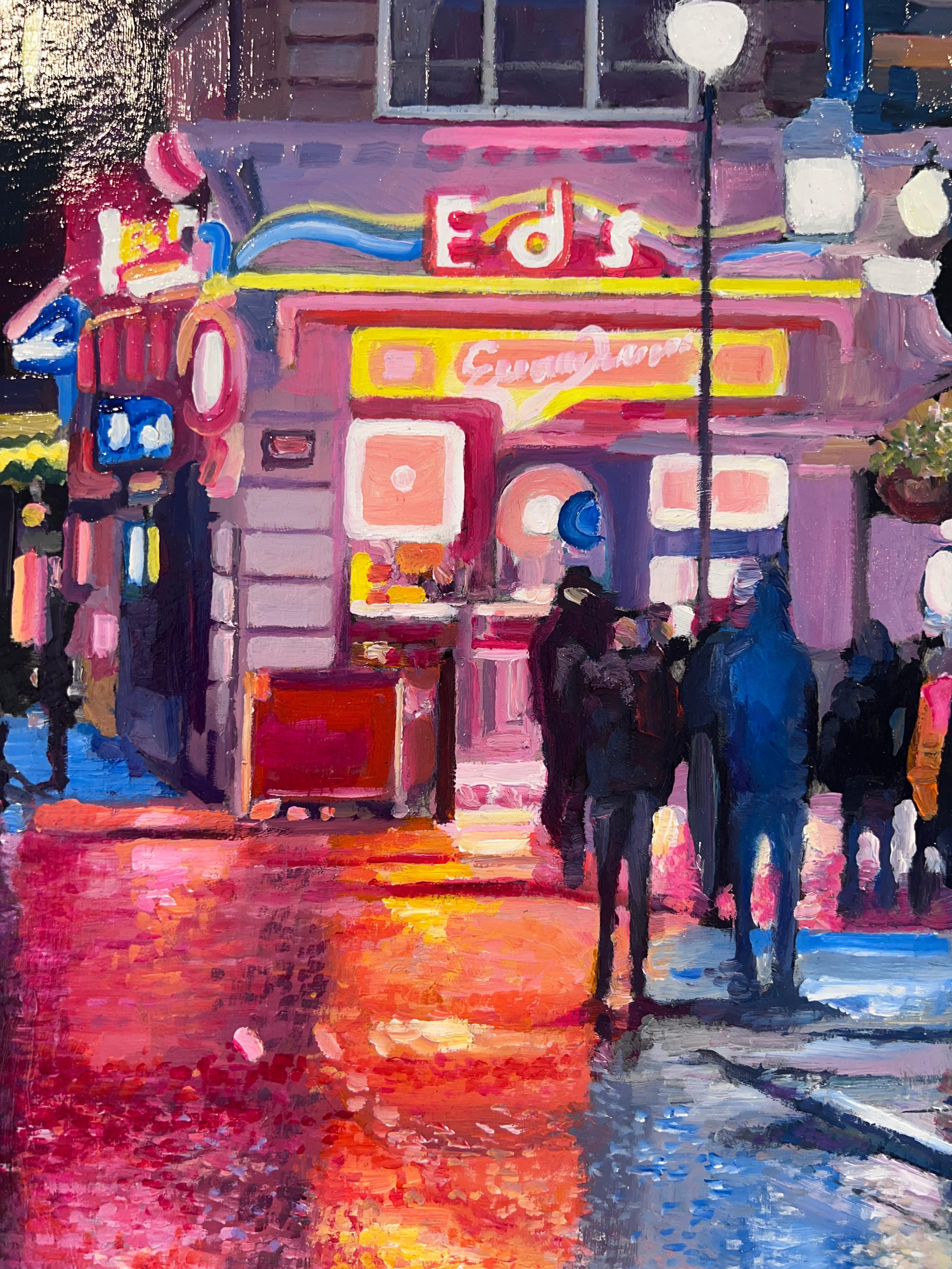 Old Compton St (Nacht)-Originales realistisches Londoner Ölgemälde-zeitgenössische Kunst (Schwarz), Landscape Painting, von Jonathan Stewerdson