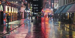 Old Compton St (noche)-Original realismo Londres pintura al óleo-Arte contemporáneo