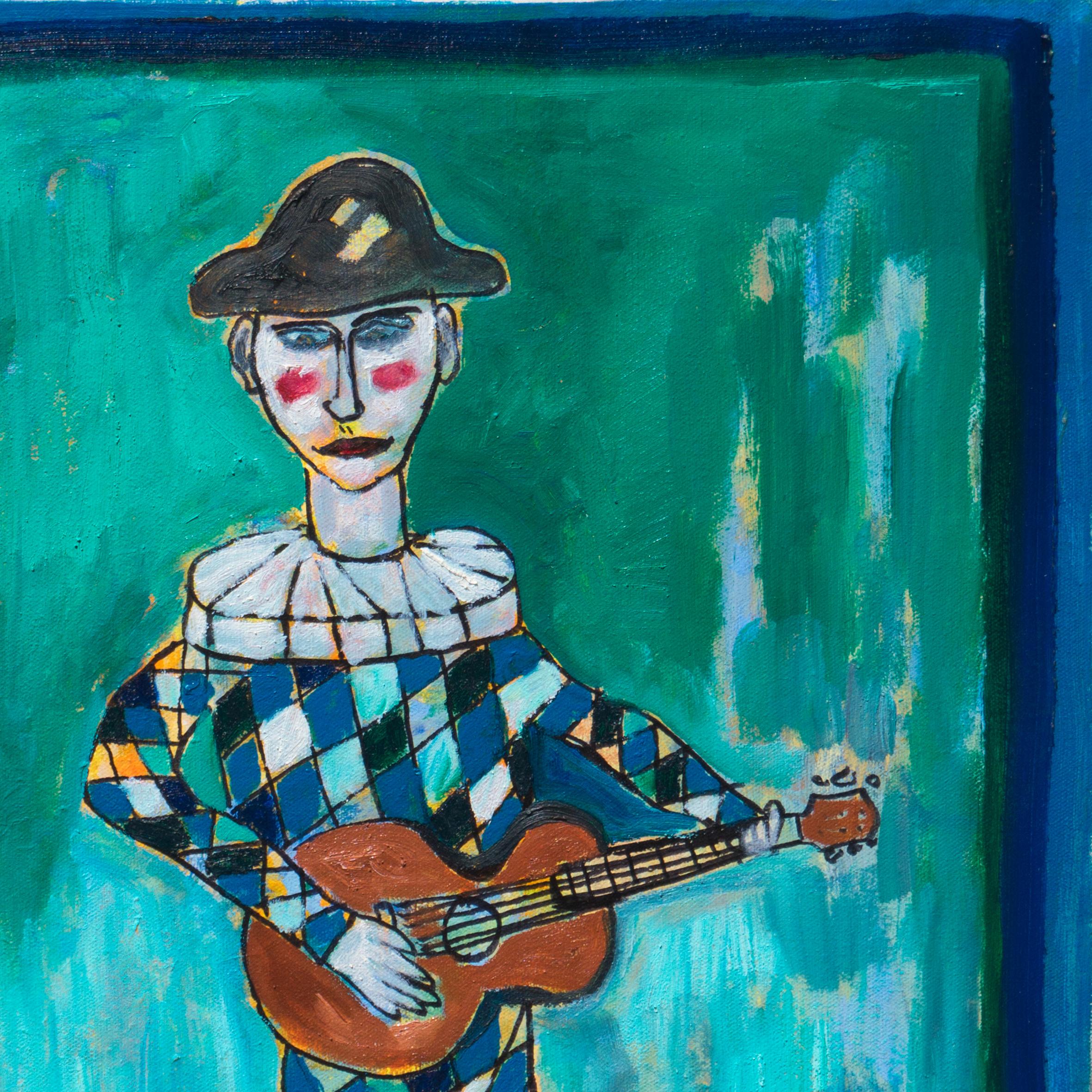 'Harlequin with Guitar', California Modernist, Santa Cruz, University of Maine - Blue Figurative Painting by Jonathan Taylor