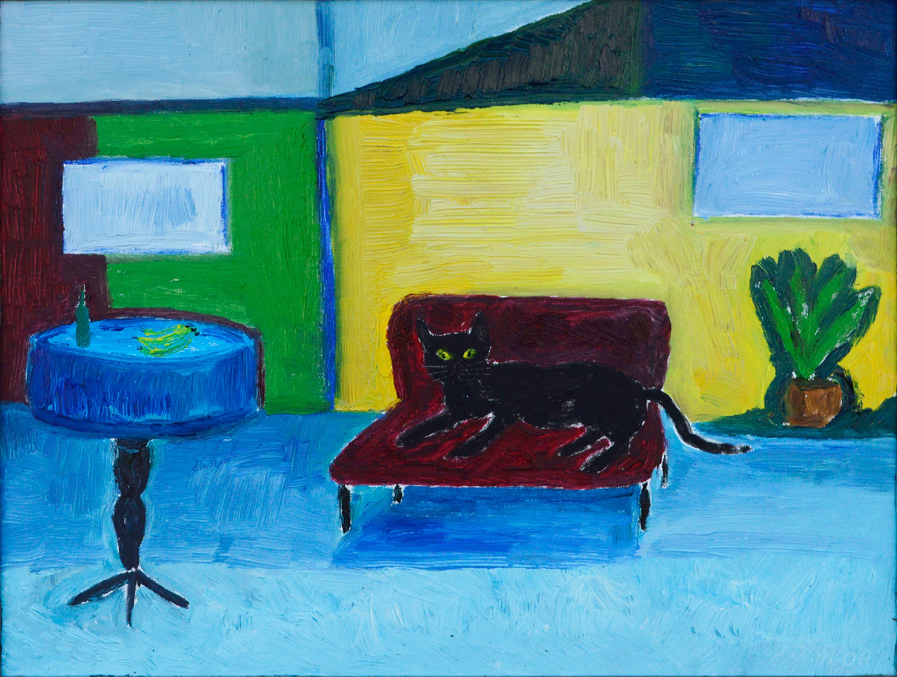 Red Couch, Black Cat - Contemporary Fauvist Interior Scene in Primary Colors - Painting by Jonathan Taylor