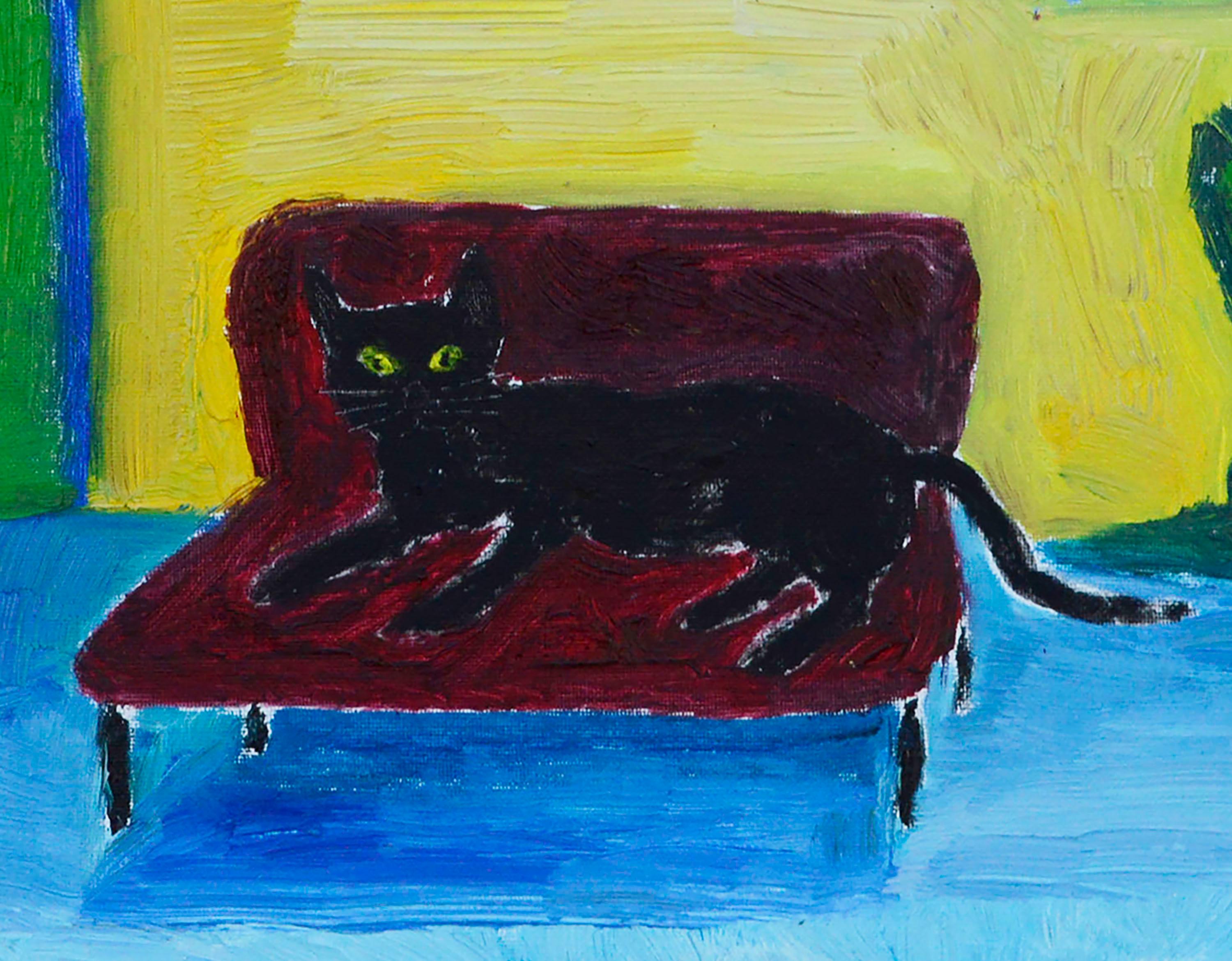 Canapé rouge, chat noir - Scène d'intérieur contemporaine fauve en couleurs primaires - Noir Interior Painting par Jonathan Taylor