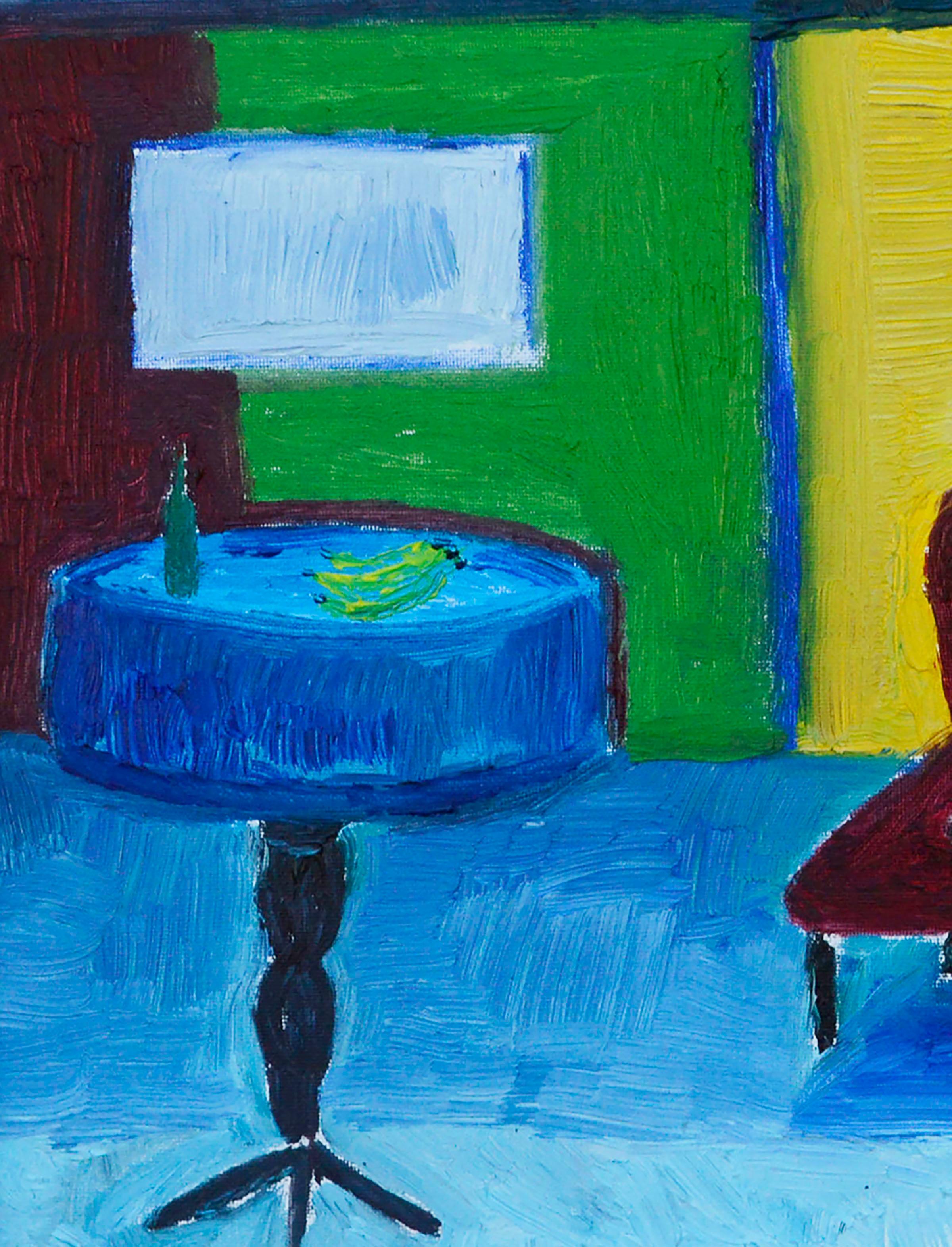 Rote Couch, schwarze Katze - Contemporary Fauvist Interior Scene in Primärfarben (Schwarz), Interior Painting, von Jonathan Taylor