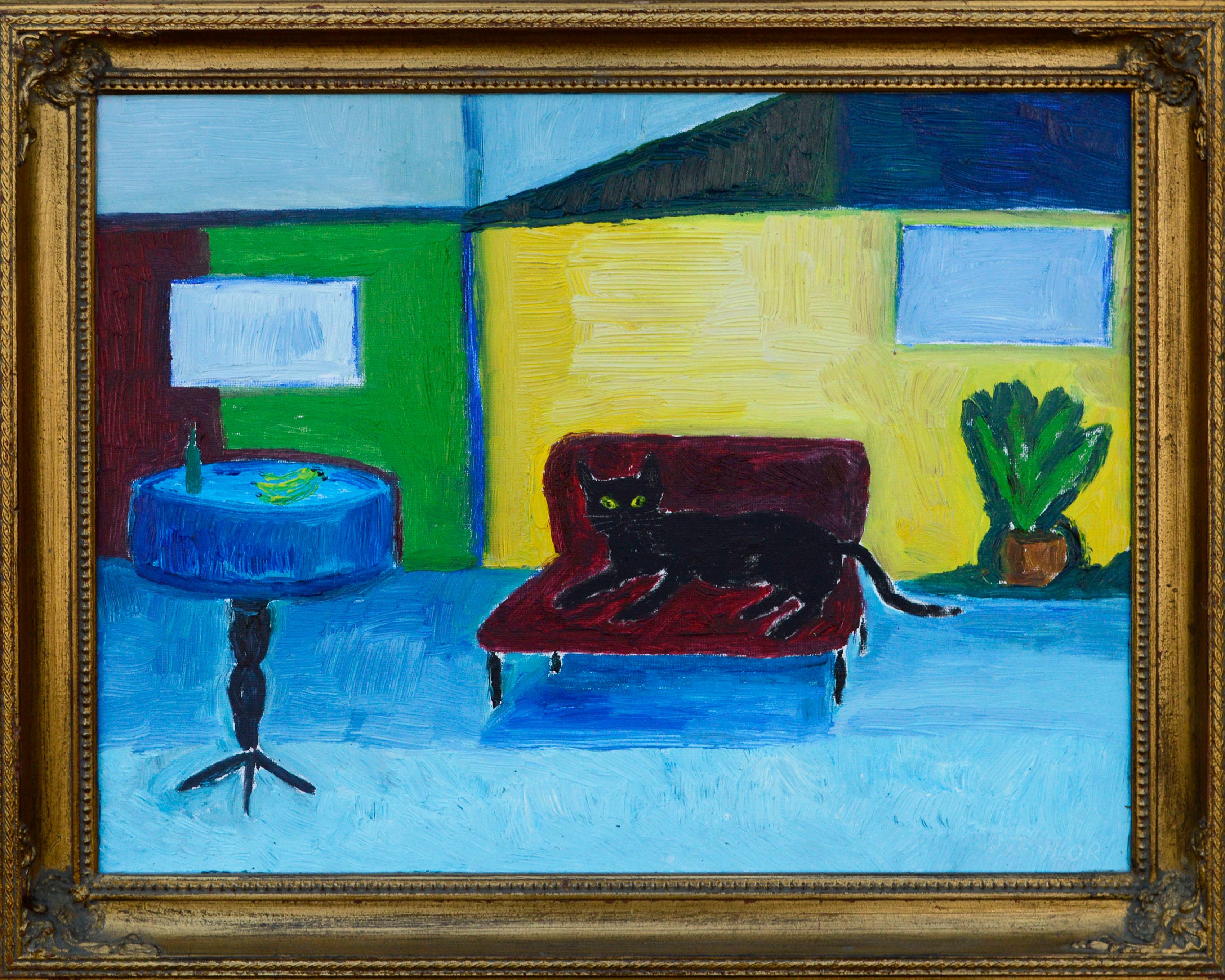 Jonathan Taylor Interior Painting – Rote Couch, schwarze Katze - Contemporary Fauvist Interior Scene in Primärfarben