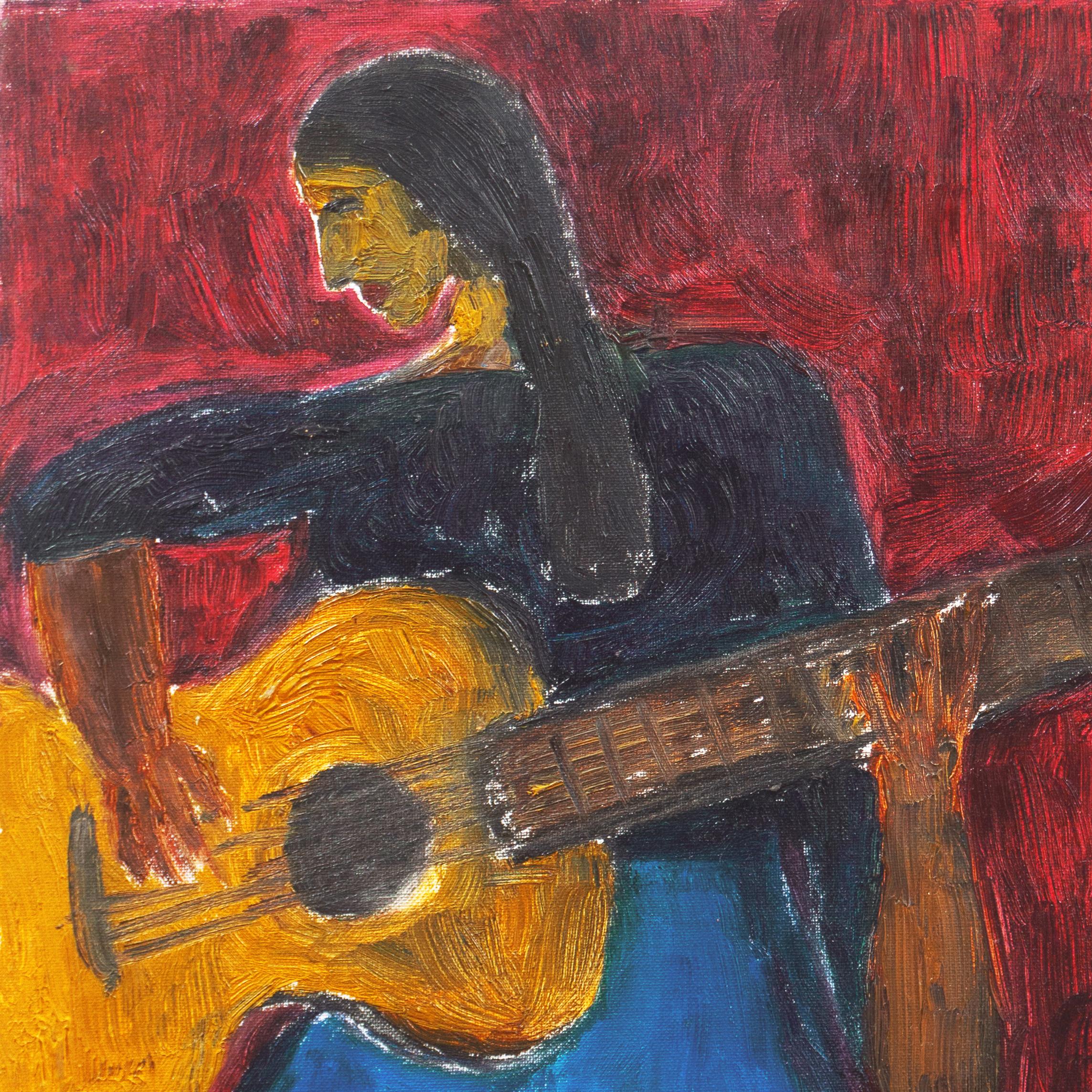 « Femme jouant de la guitare », huile post-impressionniste californienne, Santa Cruz, San Jose - Painting de Jonathan Taylor