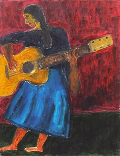 Mujer tocando la guitarra', óleo postimpresionista californiano, Santa Cruz, San José