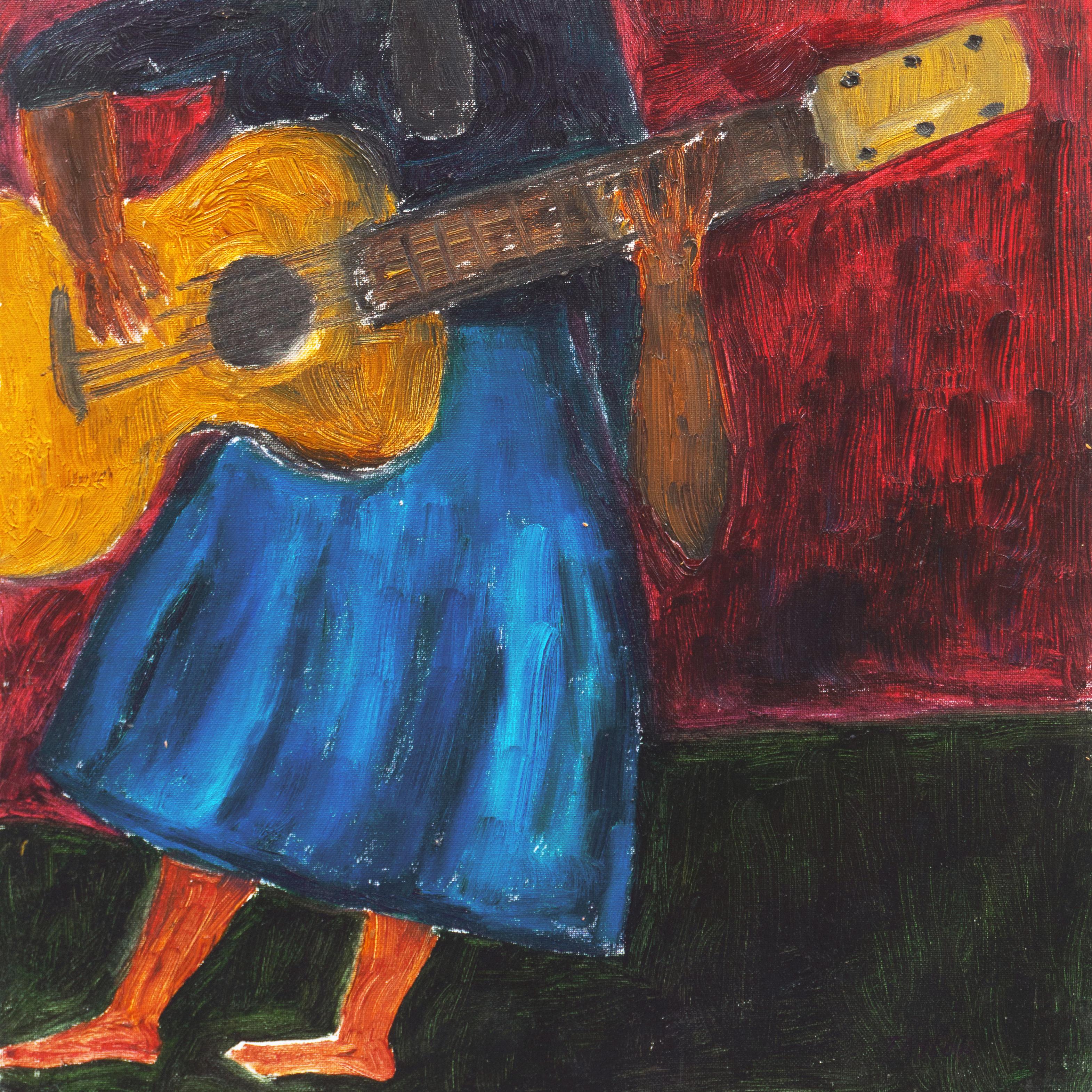 „Frau spielt Gitarre“, kalifornisches postimpressionistisches Ölgemälde, Santa Cruz, San Jose (Schwarz), Figurative Painting, von Jonathan Taylor