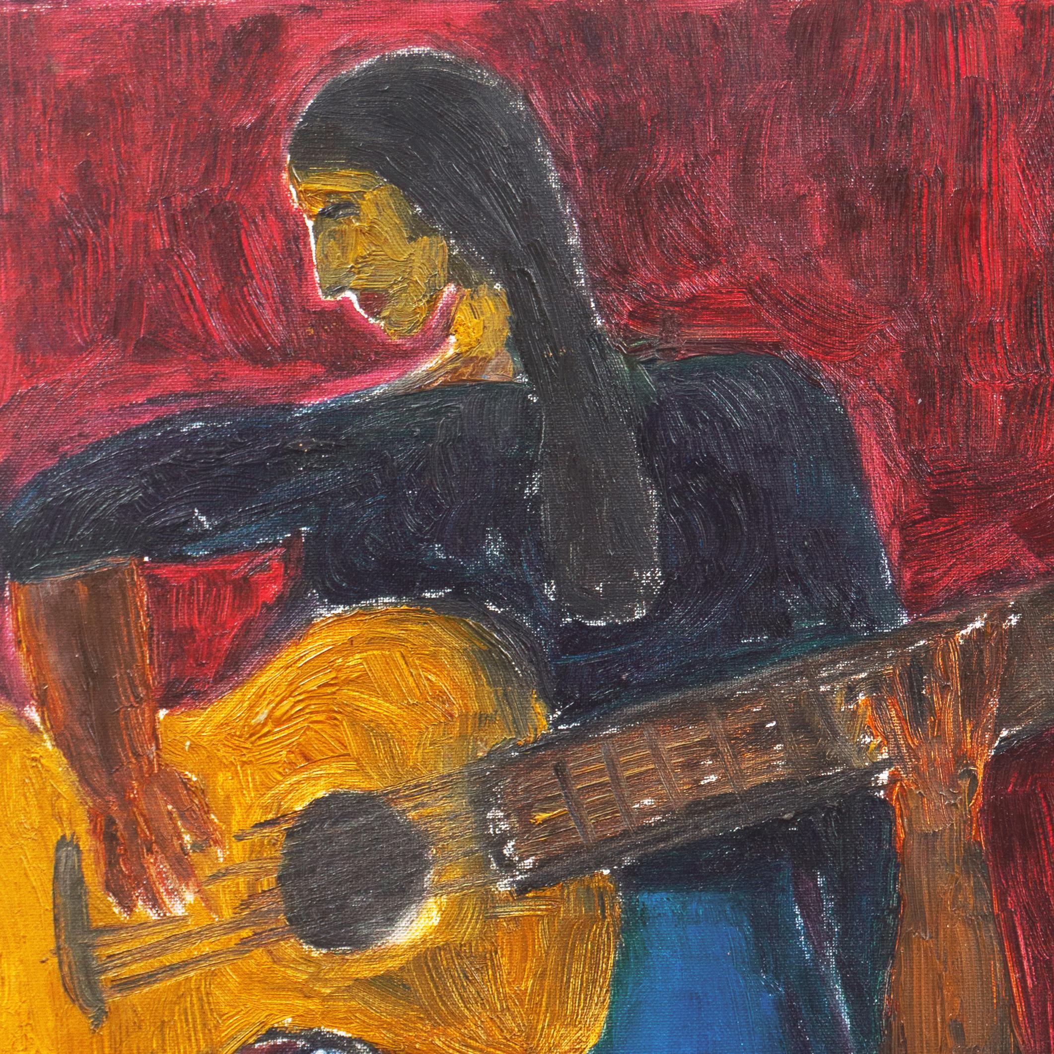 „Frau spielt Gitarre“, kalifornisches postimpressionistisches Ölgemälde, Santa Cruz, San Jose im Angebot 1