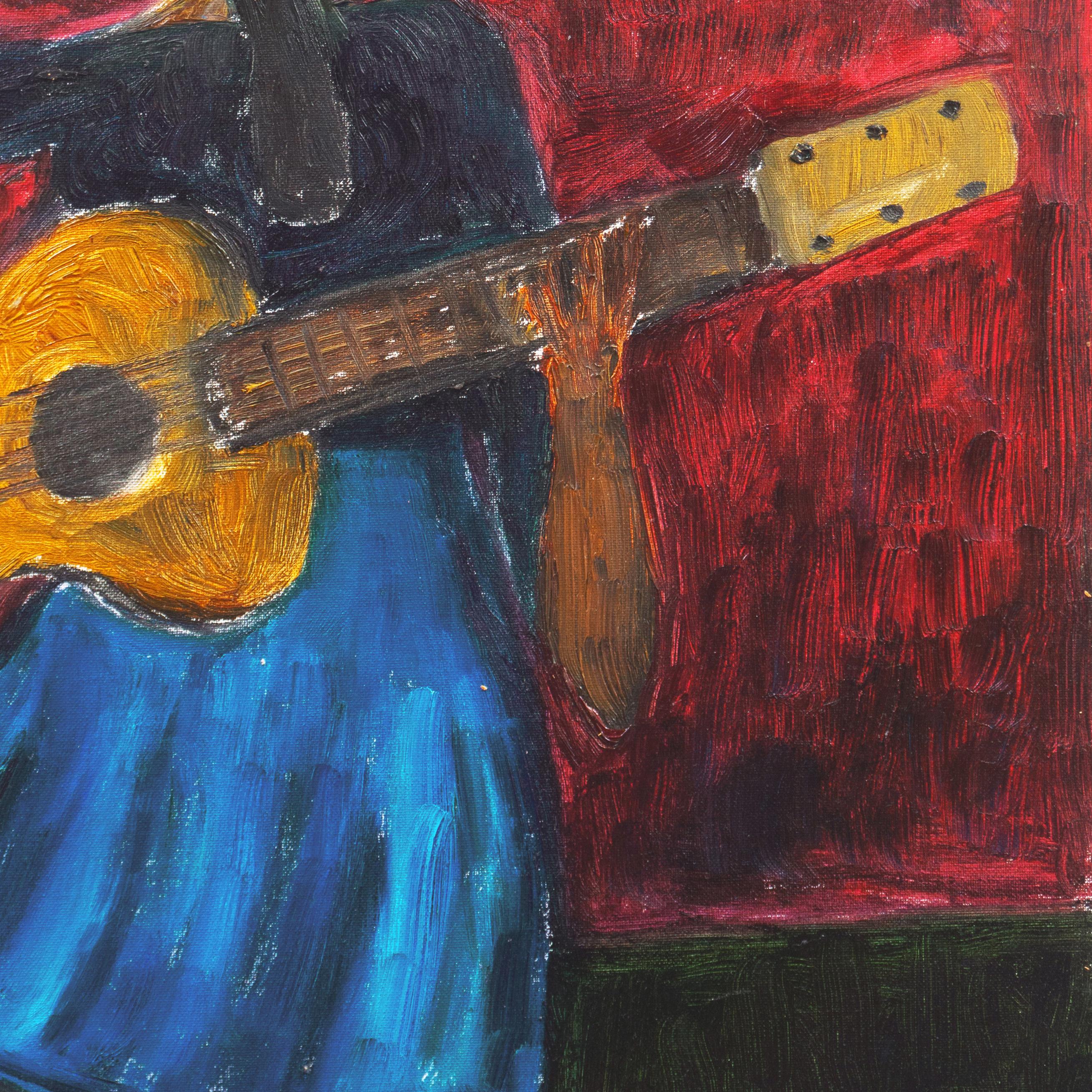 „Frau spielt Gitarre“, kalifornisches postimpressionistisches Ölgemälde, Santa Cruz, San Jose im Angebot 2