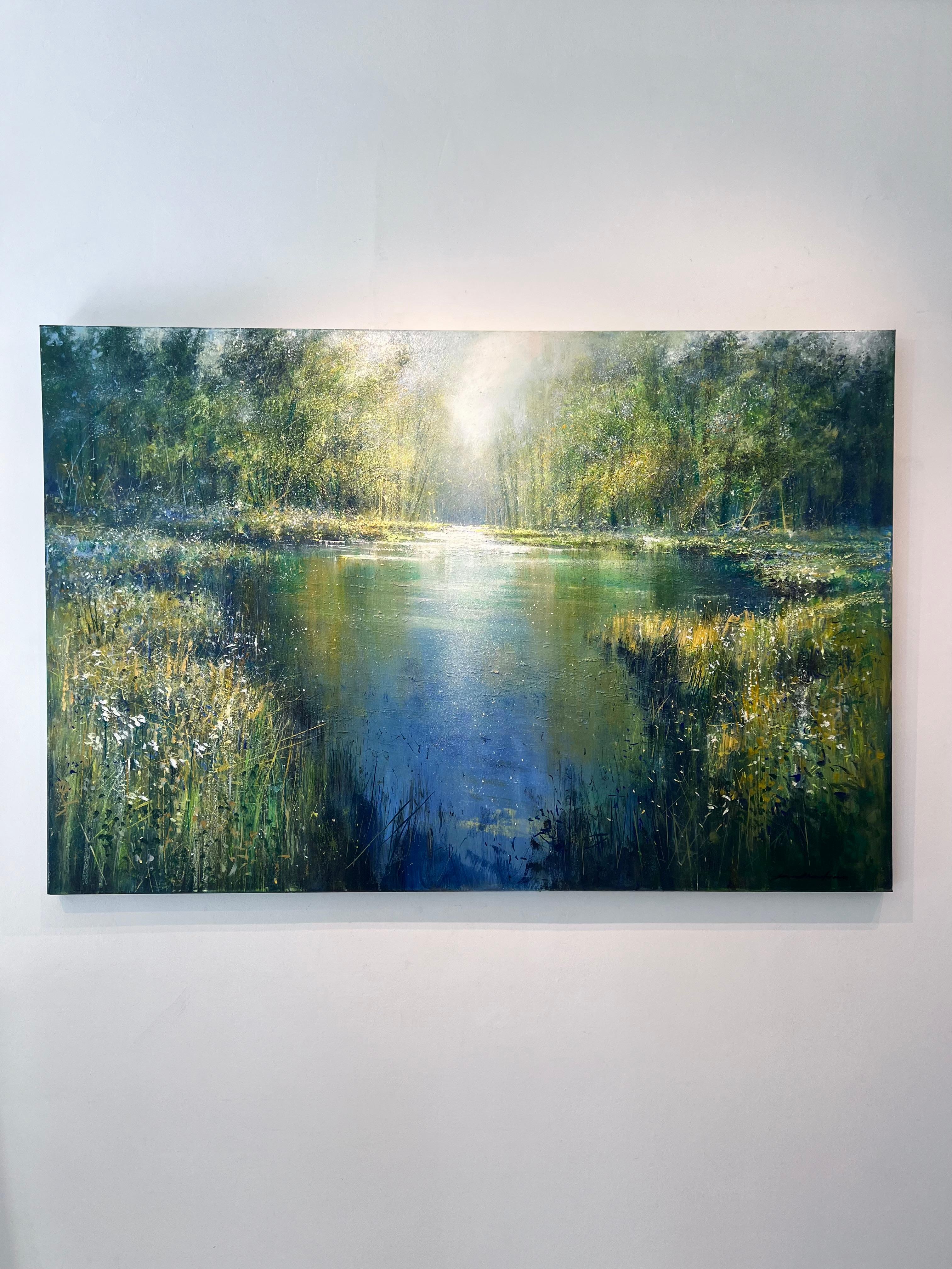 Despejando la niebla en el río-pintura original impresionista de paisaje marino-arte en venta - Painting Impresionista abstracto de Jonathan Trim
