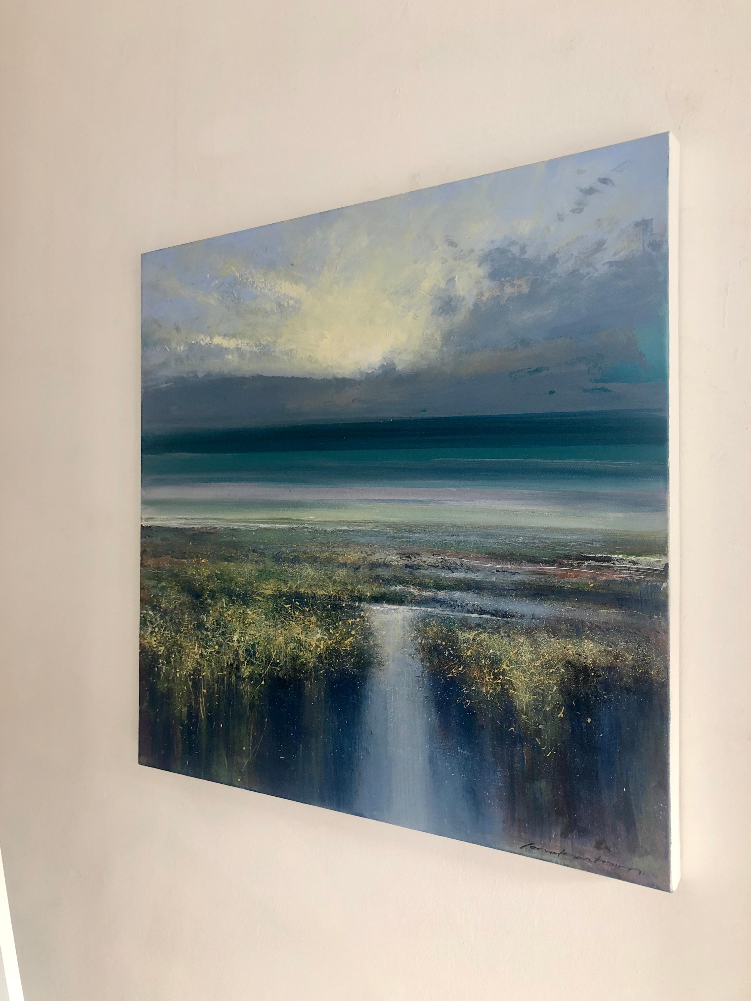 Estuary Evening - water seascape painting Contemporary 21st C modern art sky - Gray Landscape Painting by Jonathan Trim