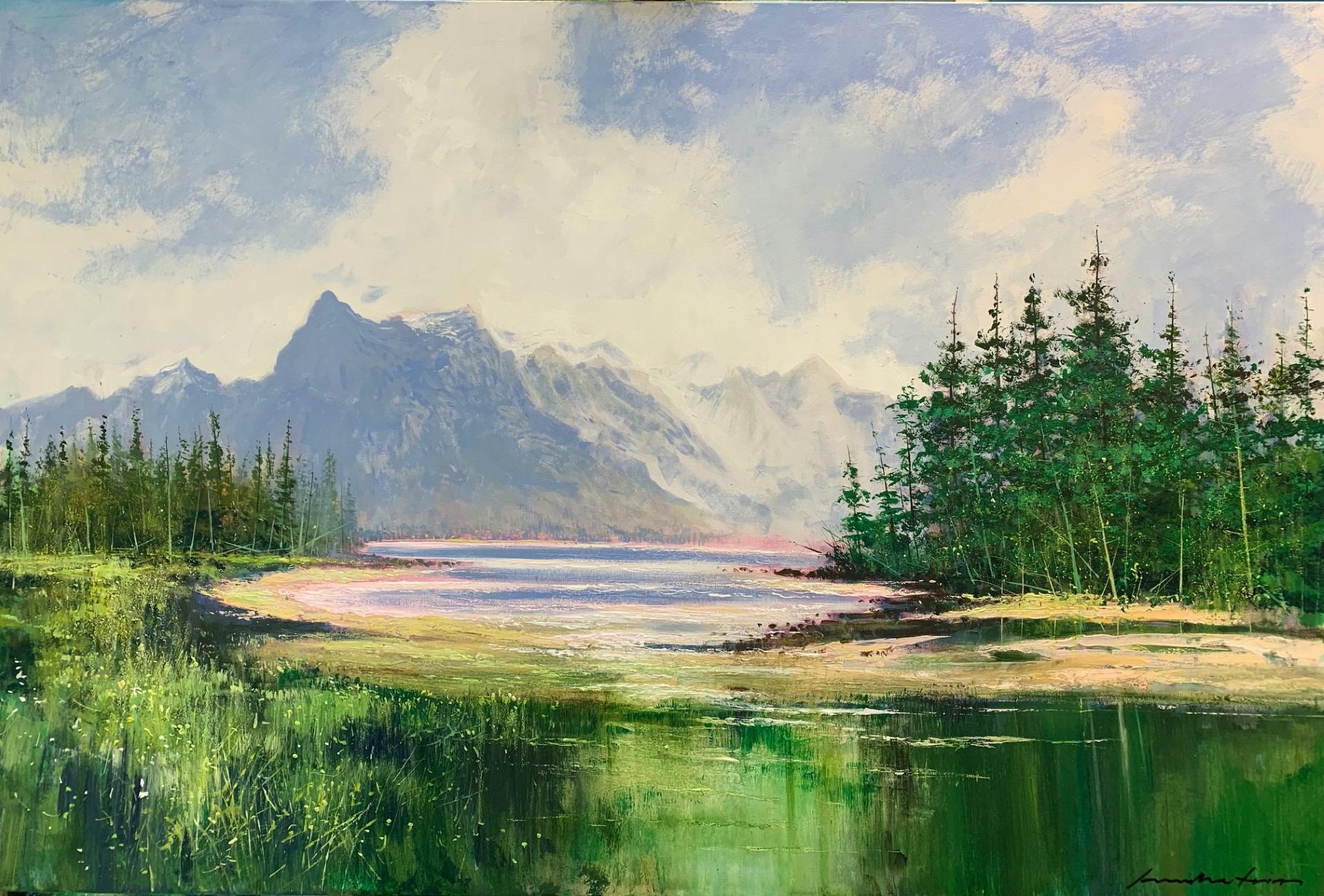Fraser River Candian Rockies - original impressionism seascape - art for sale - Painting by Jonathan Trim