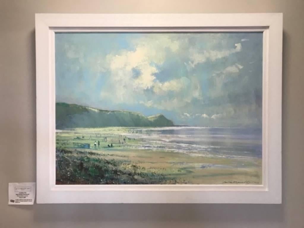 High Summer Charnmouth, seascape painting, painting of Charnmouth, mixed media - Painting by Jonathan Trim