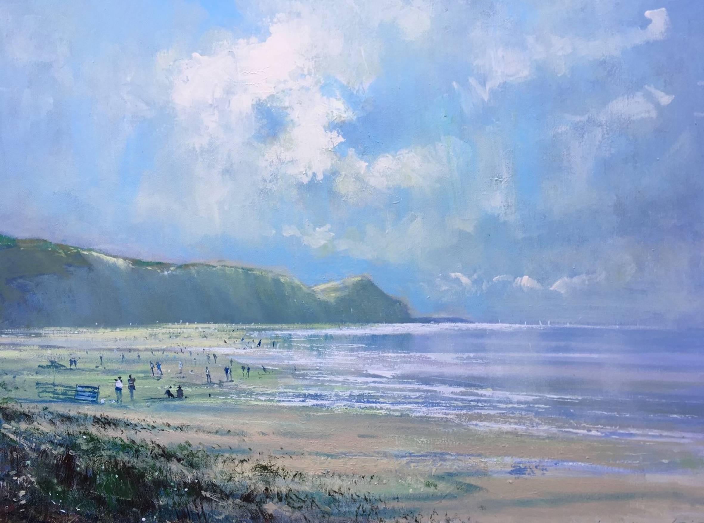 Jonathan Trim Landscape Painting - High Summer Charnmouth, seascape painting, painting of Charnmouth, mixed media