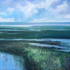 Low Tide, Jonathan Trim, Seascape, mixed media, Blue, Marshland, sea, sky, green