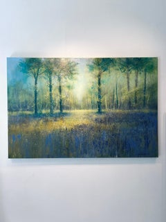 Dipinto acrilico di paesaggio “Luce del sole e campanule”, firmato, 100x150 cm