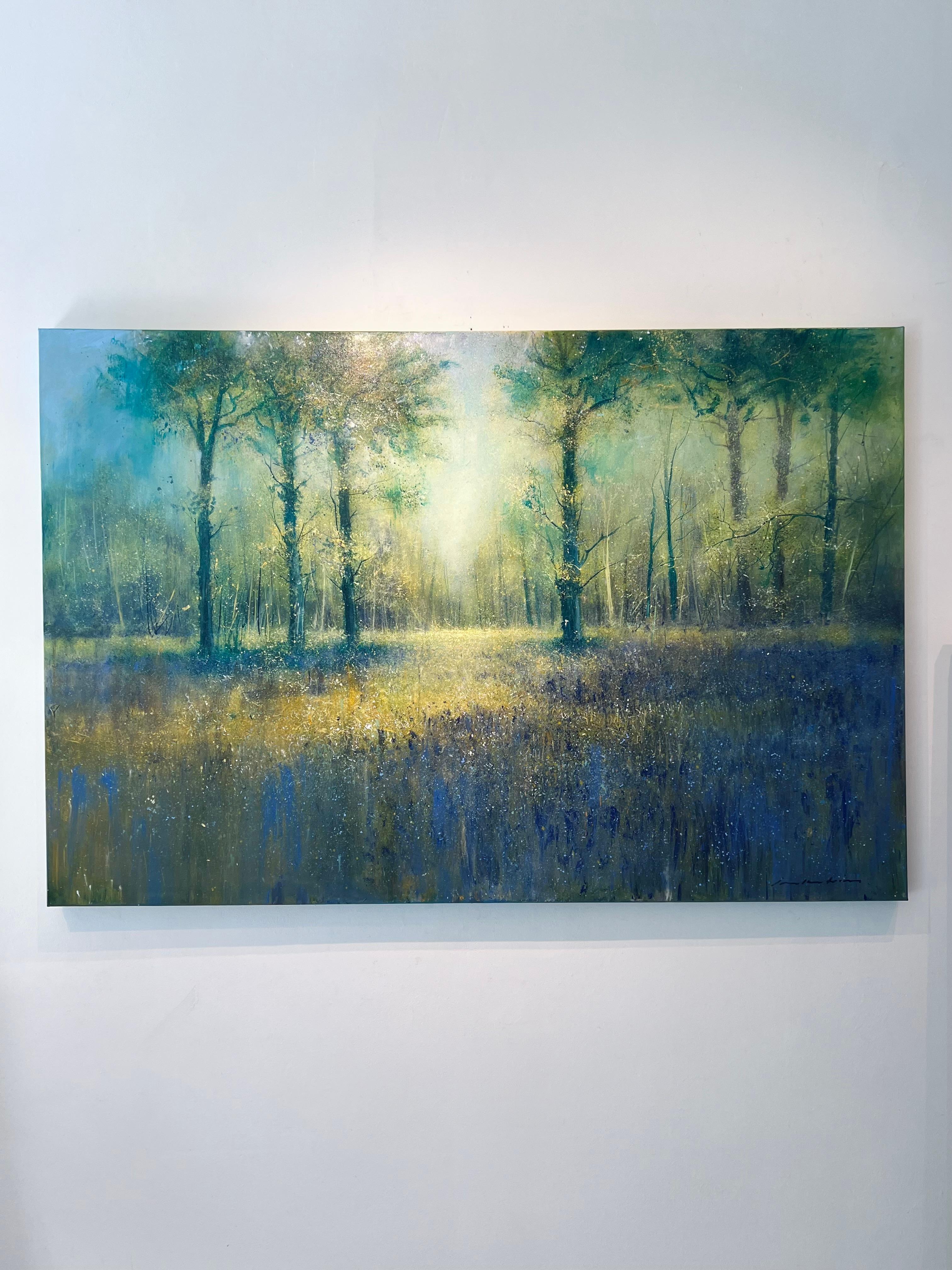 Sunlight and Bluebells - Peinture impressionniste originale de paysage floral -Œuvre d'art - Impressionnisme abstrait Painting par Jonathan Trim