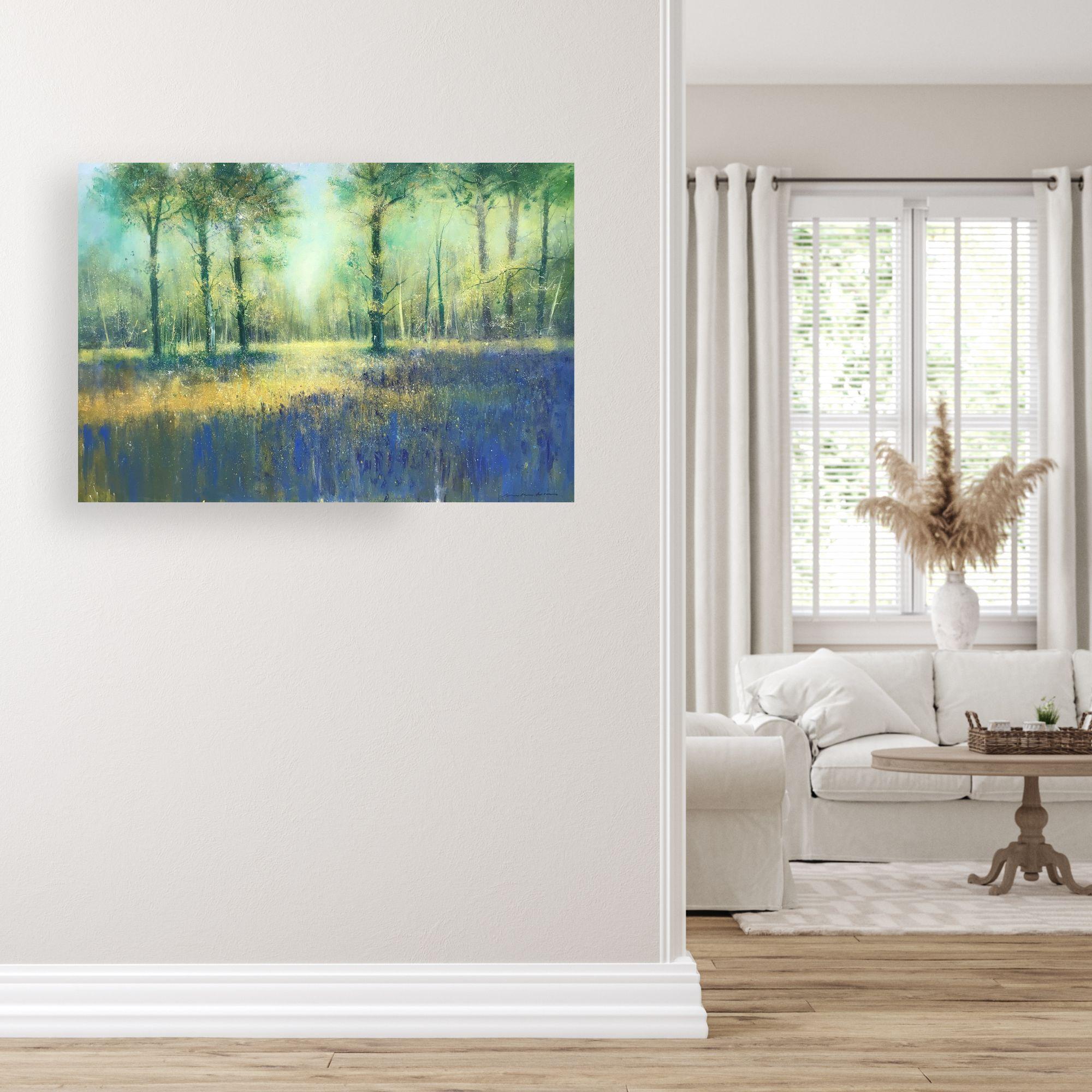 Luz del sol y campanillas-Pintura de paisaje floral del impresionismo original-Obra de arte - Landscape Painting Gris de Jonathan Trim