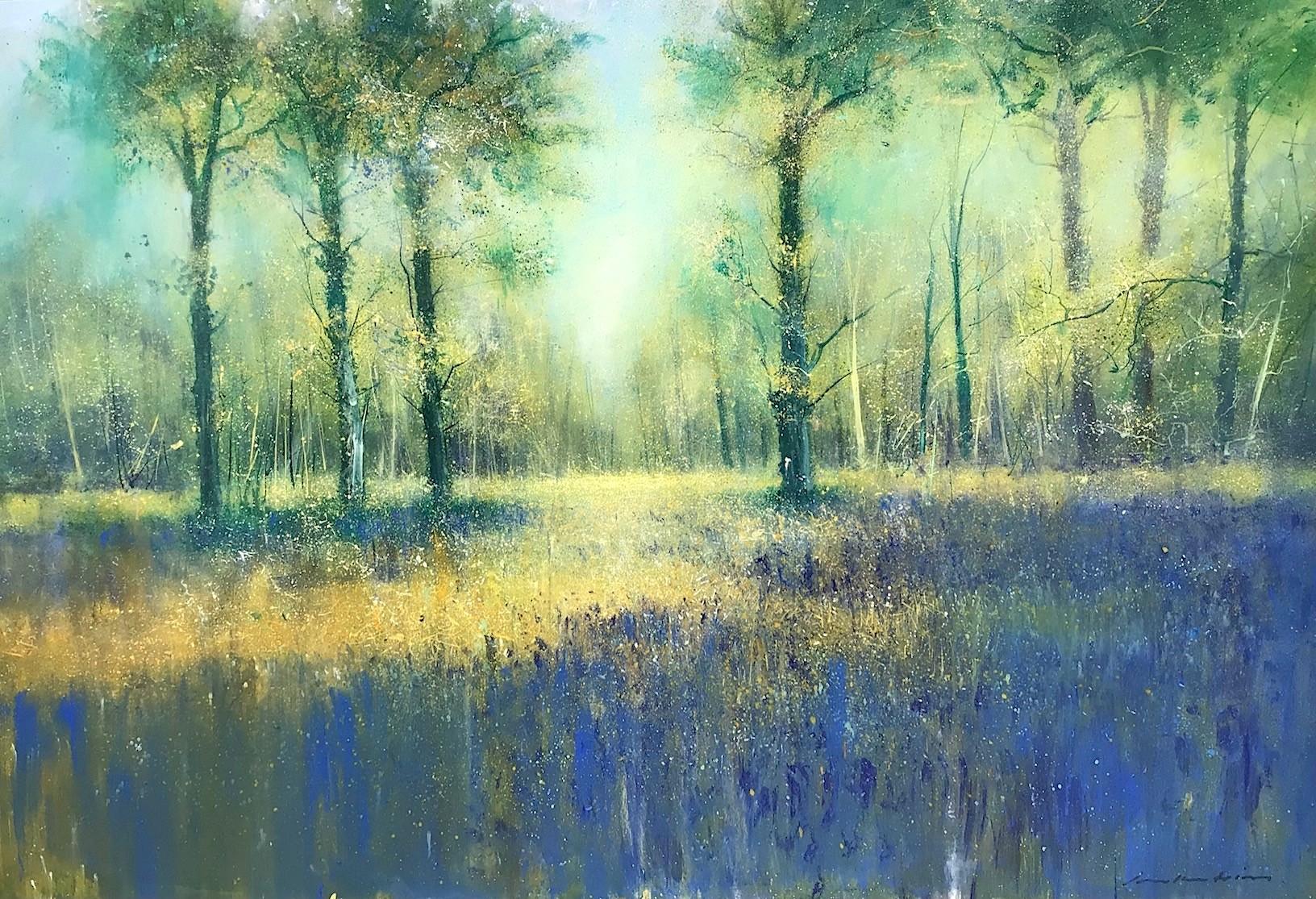 Jonathan Trim Landscape Painting – Sonnenlicht und Bluebells – Original-Impressionismus-Blumenlandschaftsgemälde-Kunstwerk mit Blumenmotiven
