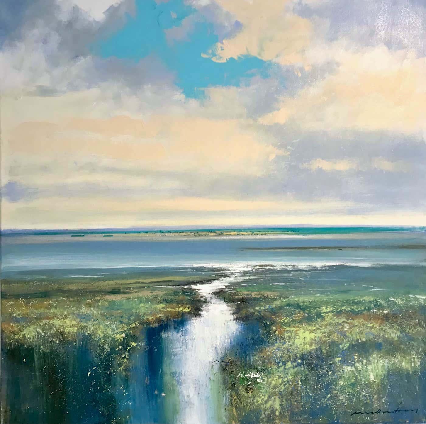 Jonathan Trim Landscape Painting - Sunlight and Bluebells - original impressionism seascape painting - art for sale