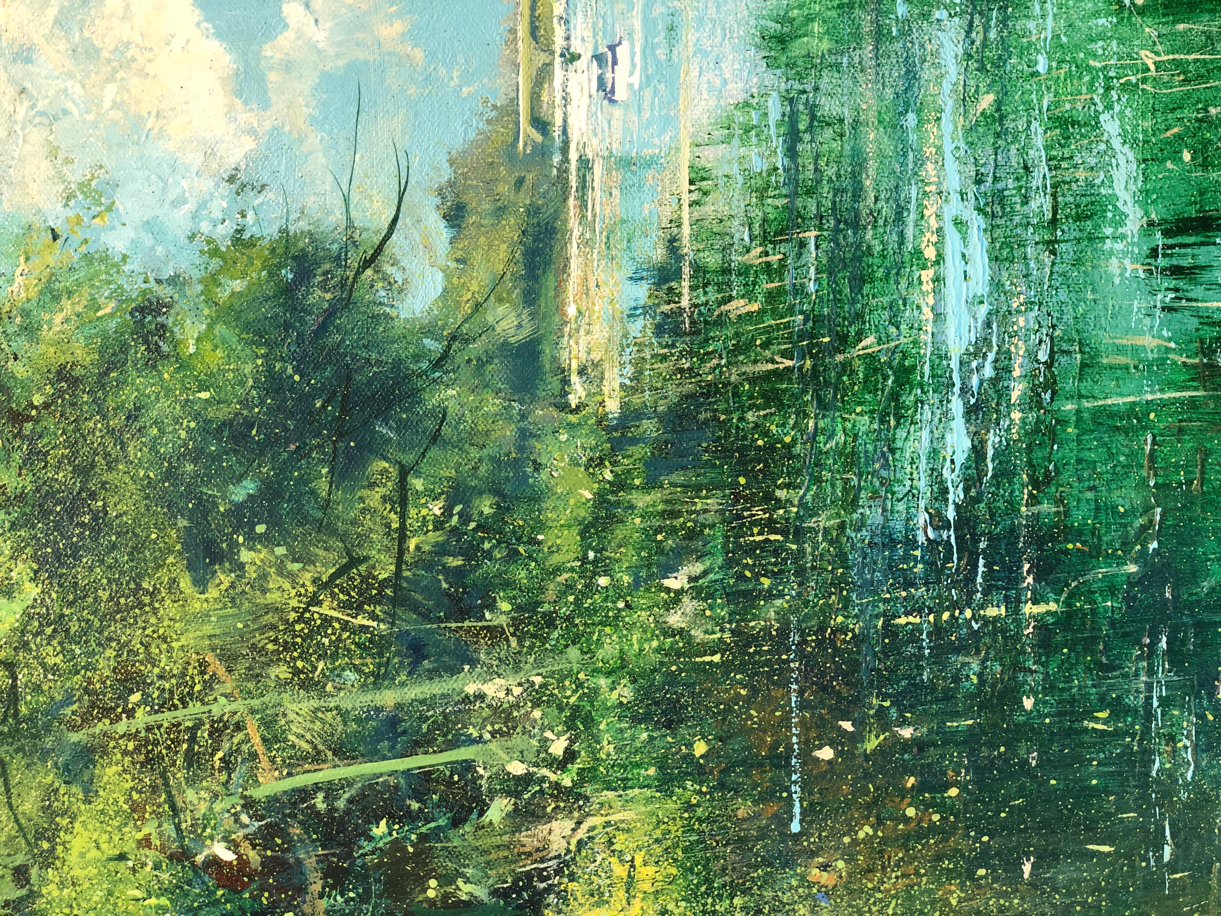 The Thames at Richmond - original modern art rural nature landscape oil painting - Abstract Impressionist Painting by Jonathan Trim