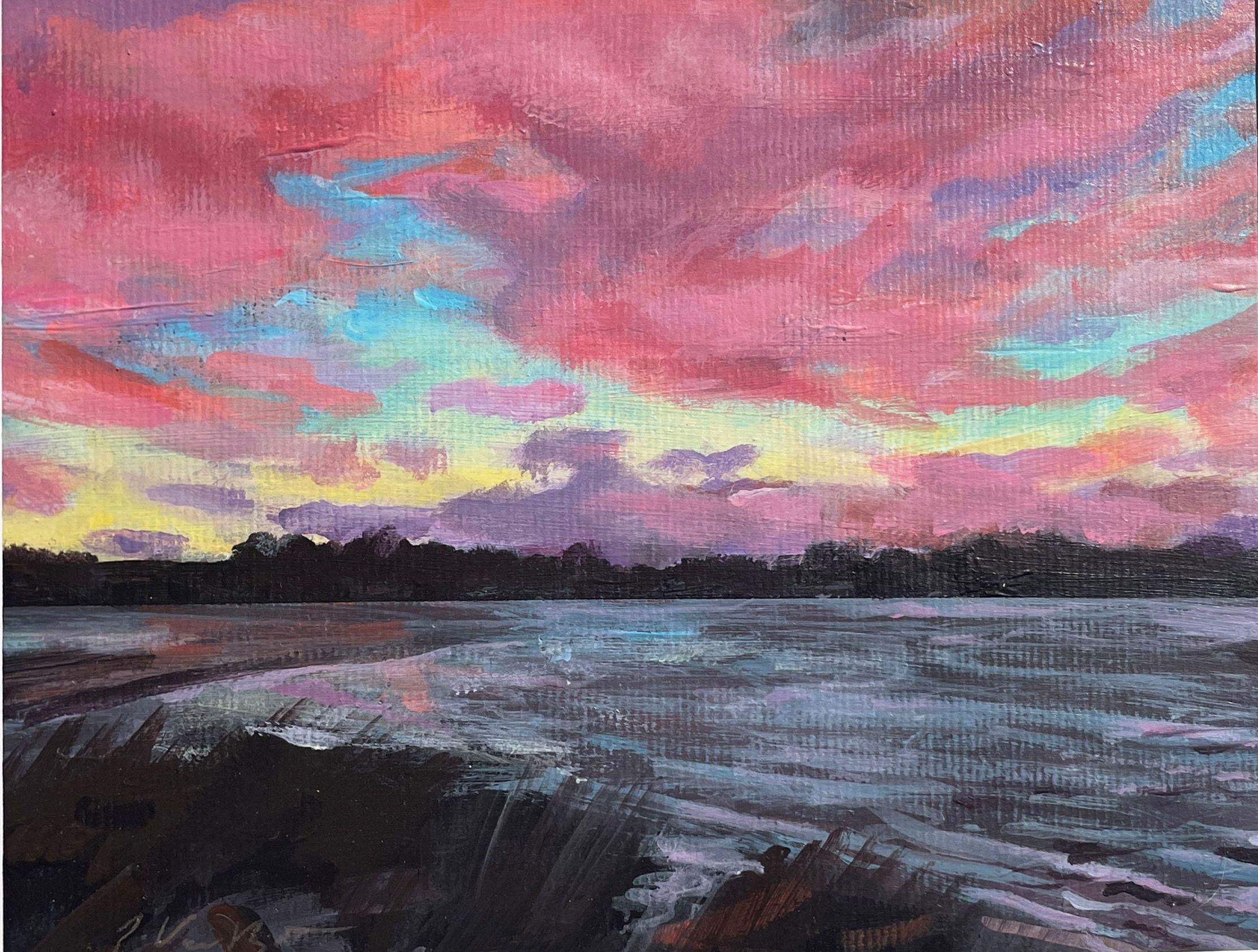 Peinture - coucher de soleil sur le port de Setauket, acrylique sur papier - Painting de Jonathan Van Brunt