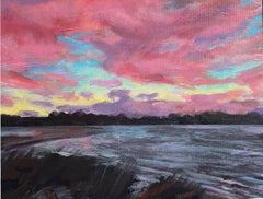 Peinture - coucher de soleil sur le port de Setauket, acrylique sur papier