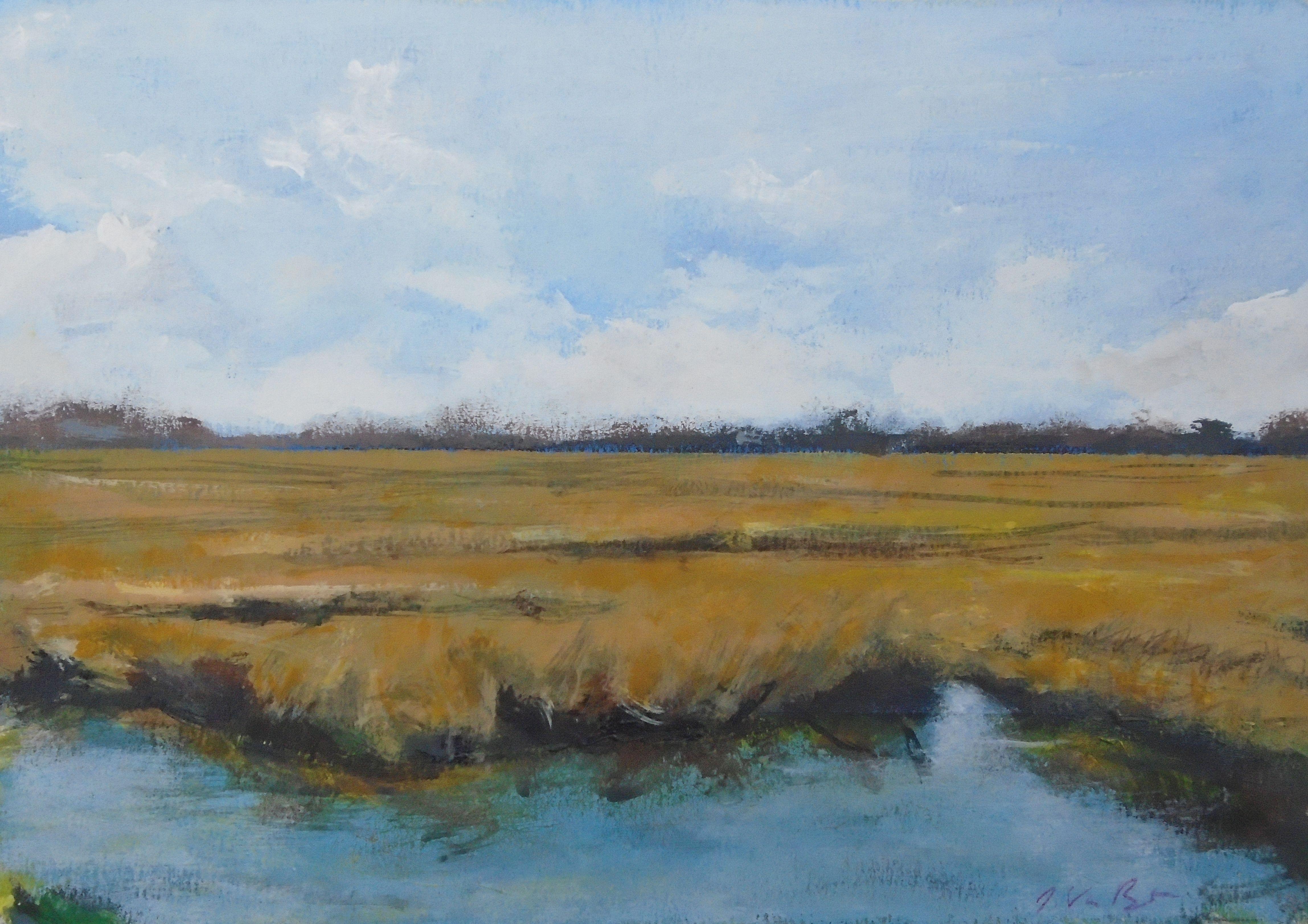 A painting done at a Freeport, NY preserve after a  rain storm. I always like the effect of the dry marsh grass against  its wet base :: Painting :: Impressionist :: This piece comes with an official certificate of authenticity signed by the artist