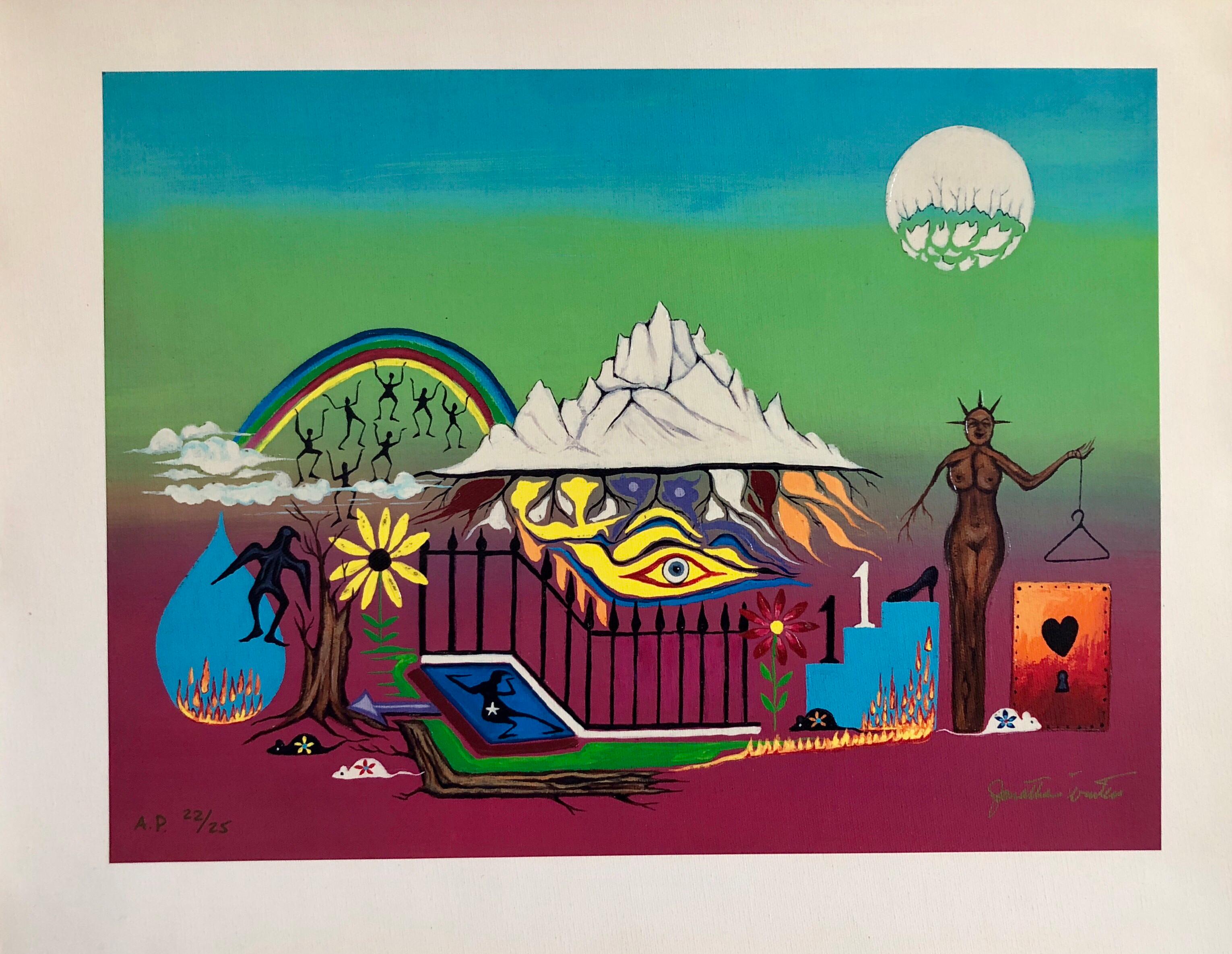 This is a mixed media print on canvas by beloved comedian and artist Jonathan Winters. Translated here in abstract images are thoughts of a Hollywood actor. According to Winters, the Statue of Liberty in the painting represents the freedom that show
