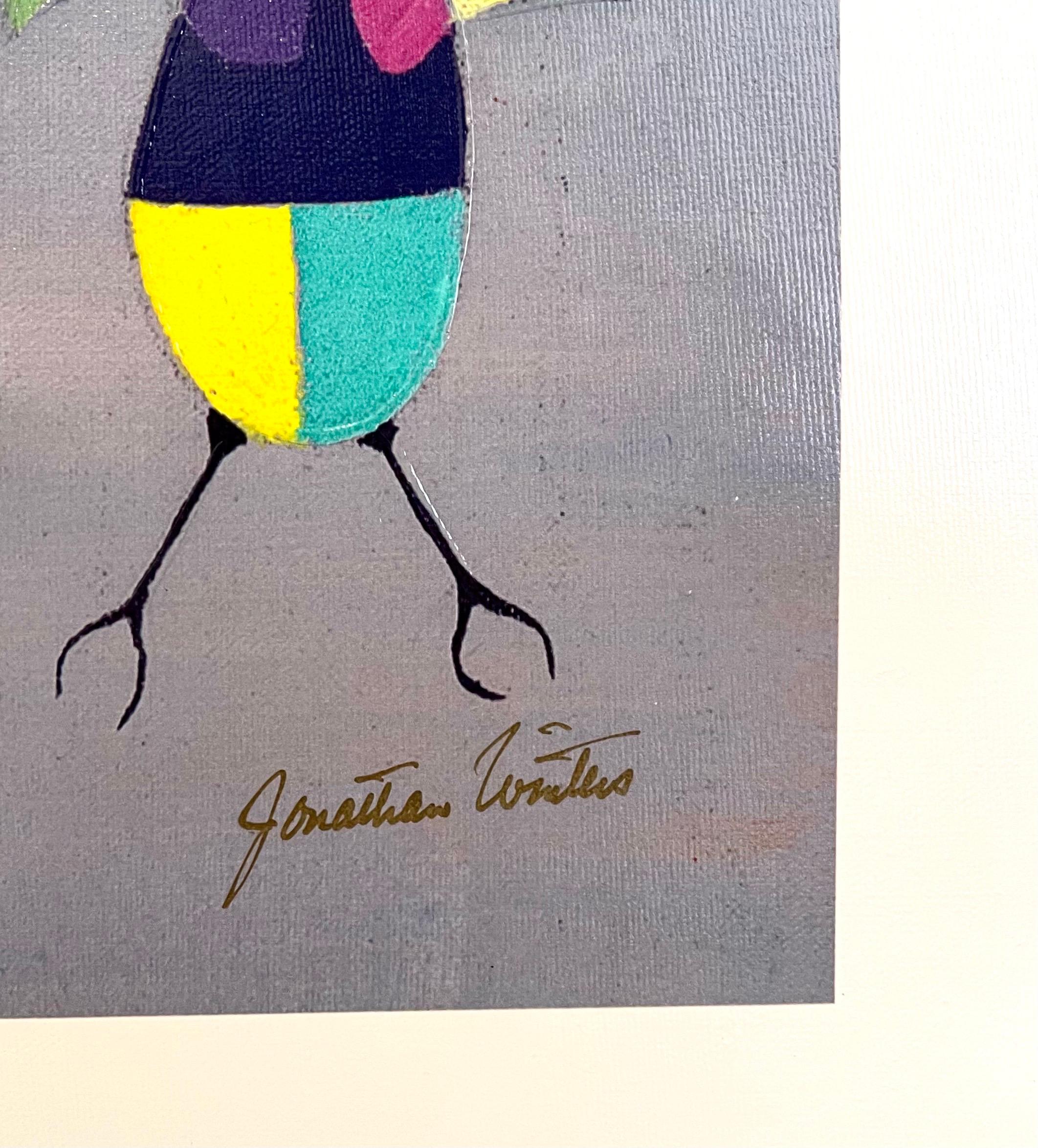 Overall 21 X 27 image is 17.25 X 23.5

This is a mixed media print on canvas by beloved comedian and artist Jonathan Winters. 
This one depicts a surrealist bird with umbrellas
Artist: Jonathan Winters 
Medium: Mixed media print on canvas; hand